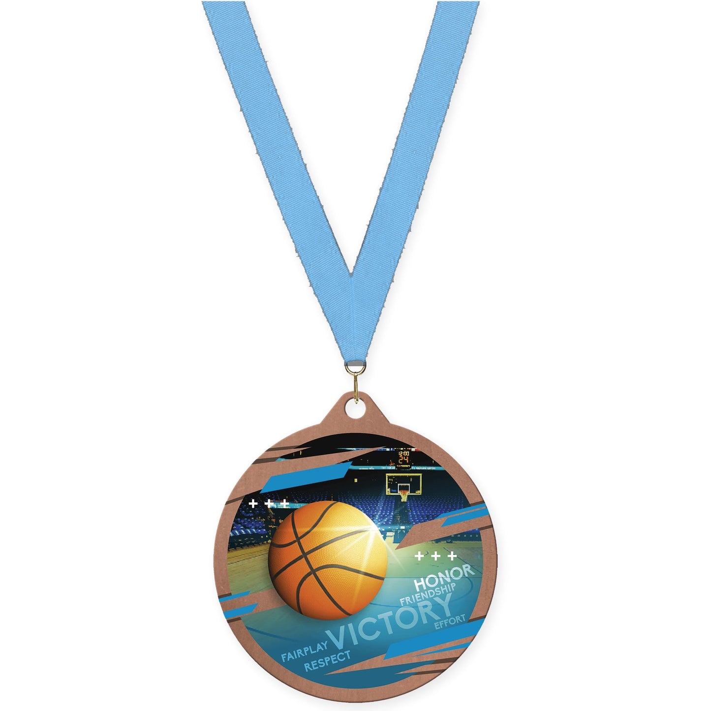 2 3/4 inch basketball Inspire medal in bronze with Light Blue neck ribbon