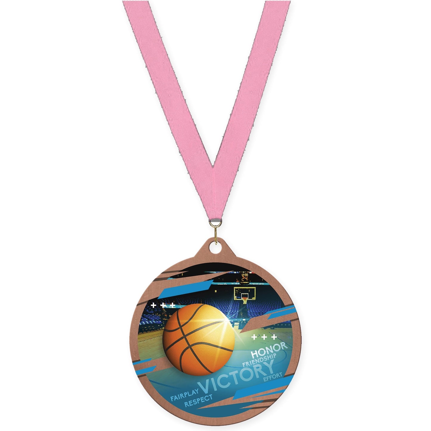 2 3/4 inch basketball Inspire medal in bronze with Pink neck ribbon