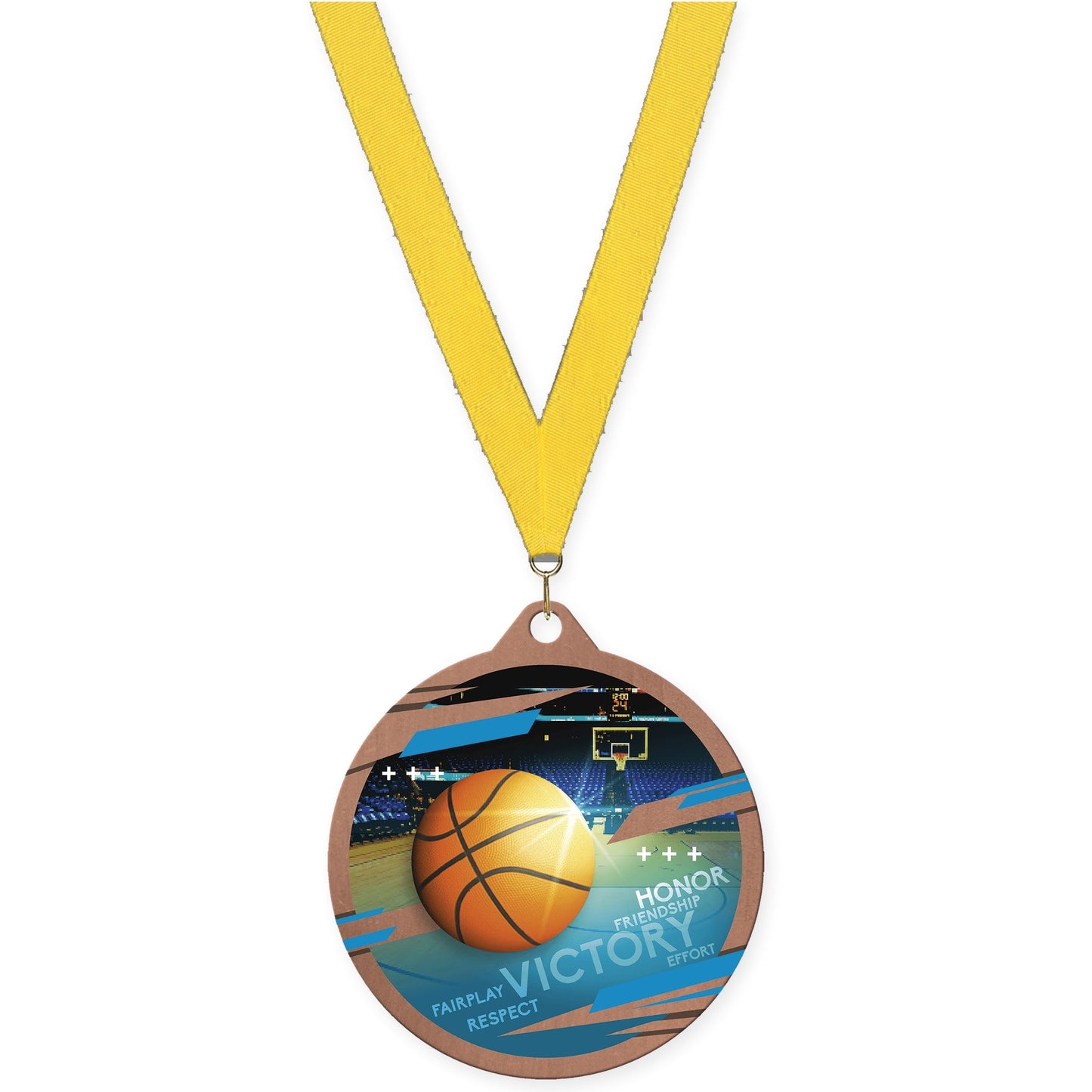 2 3/4 inch basketball Inspire medal in bronze with Yellow neck ribbon