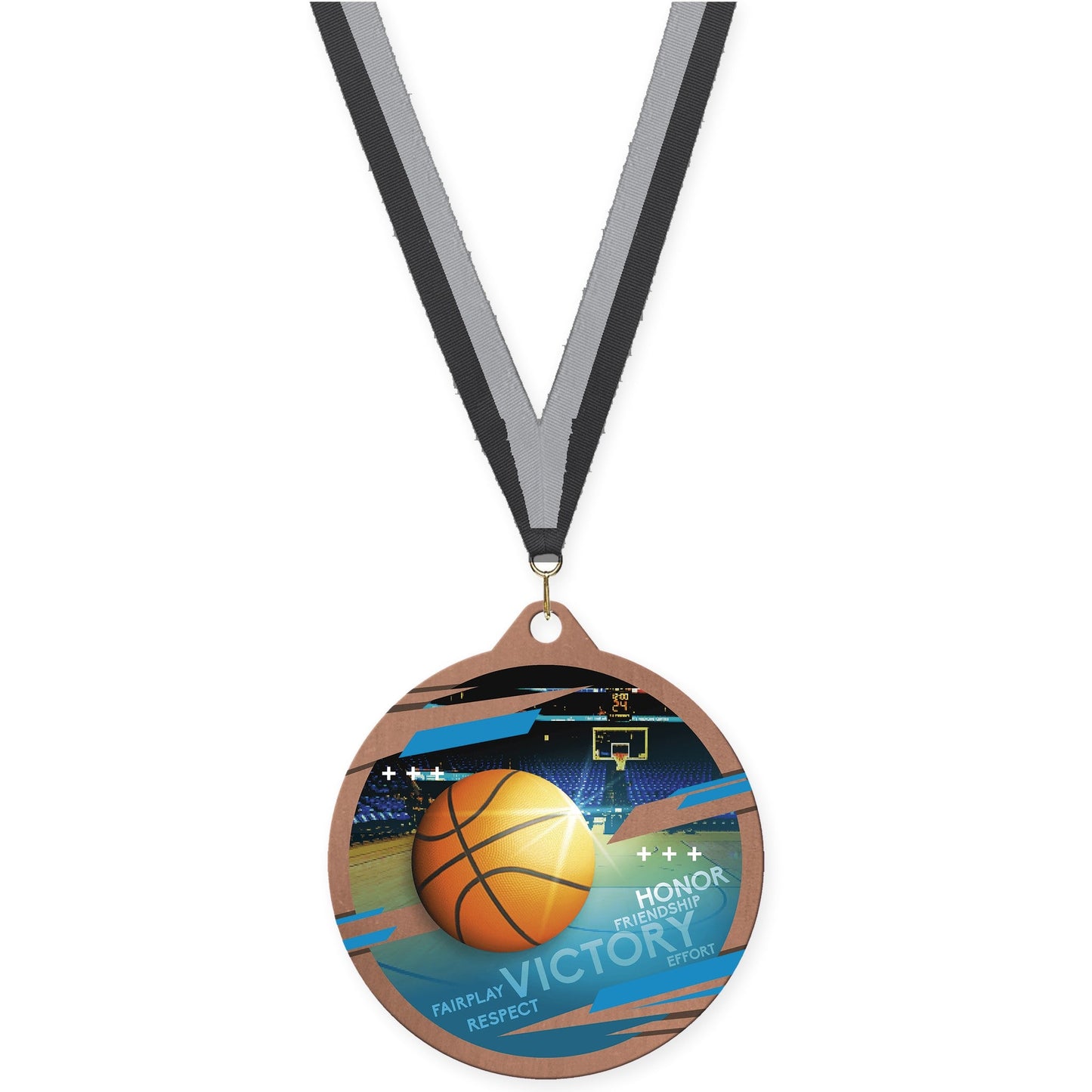 2 3/4 inch basketball Inspire medal in bronze with Black Gray neck ribbon