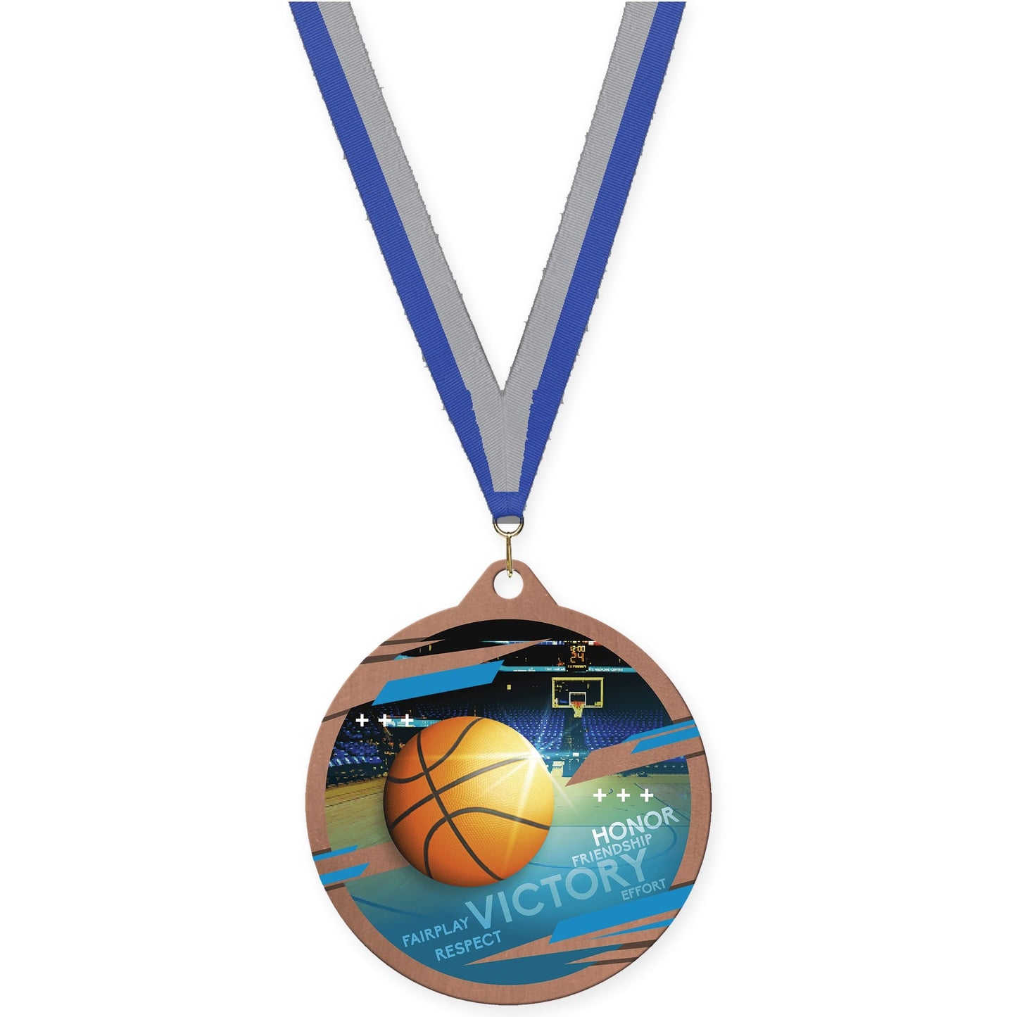 2 3/4 inch basketball Inspire medal in bronze with Blue Gray neck ribbon