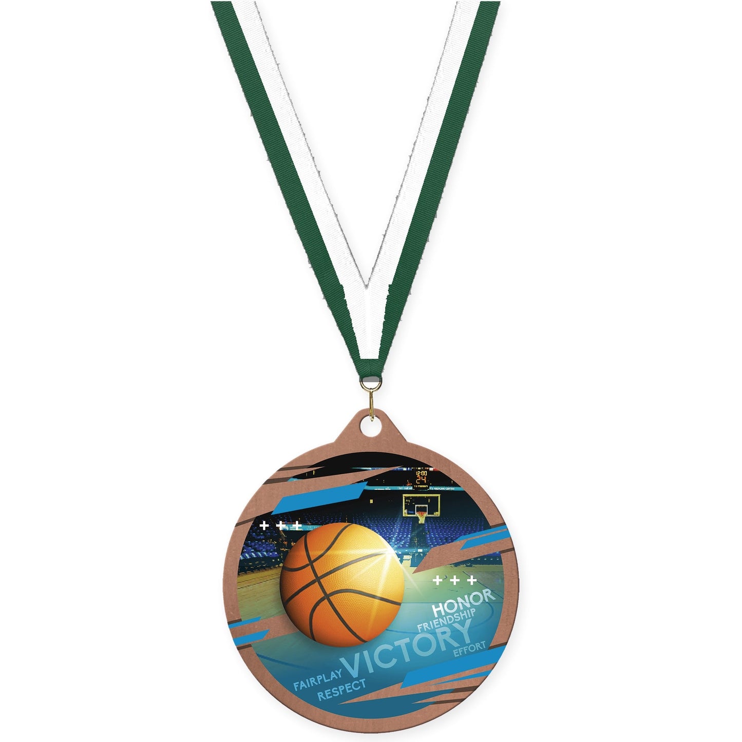 2 3/4 inch basketball Inspire medal in bronze with Hunter Green White neck ribbon