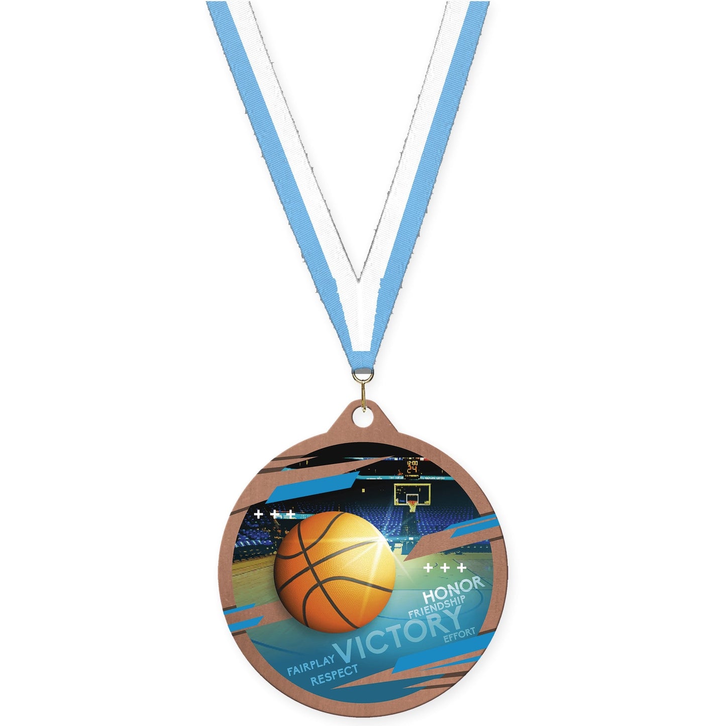 2 3/4 inch basketball Inspire medal in bronze with Light Blue White neck ribbon