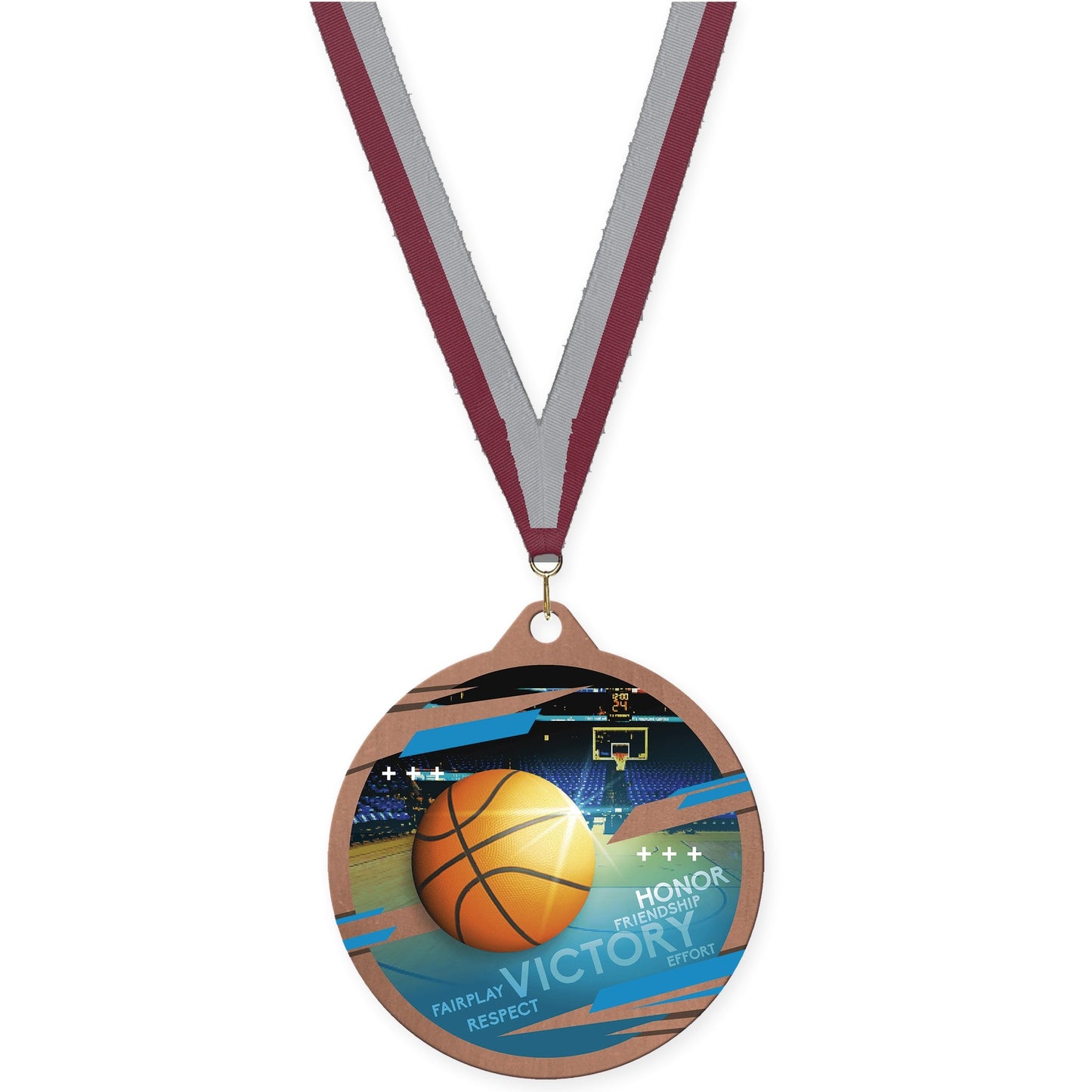 2 3/4 inch basketball Inspire medal in bronze with Maroon Gray neck ribbon