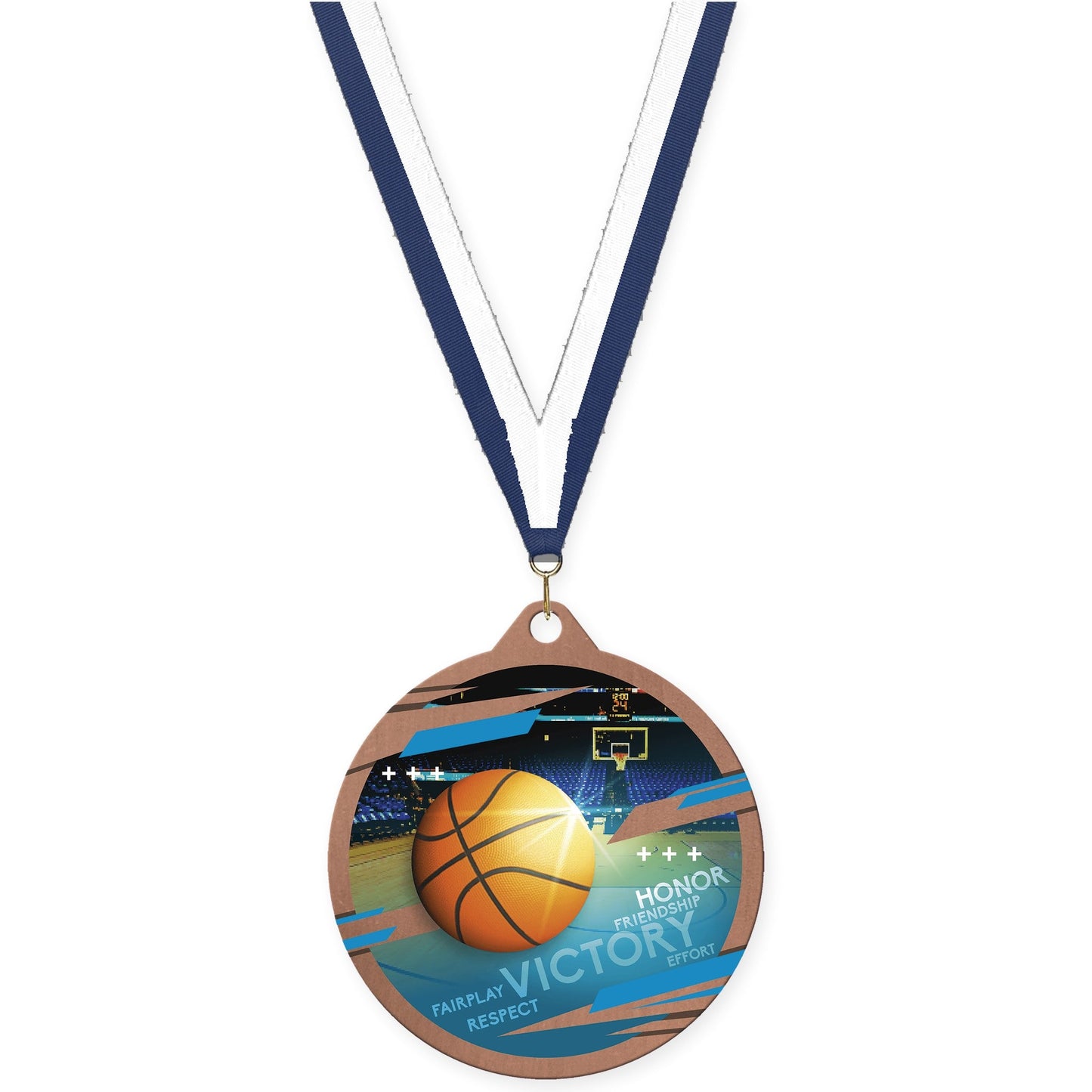 2 3/4 inch basketball Inspire medal in bronze with Navy White neck ribbon