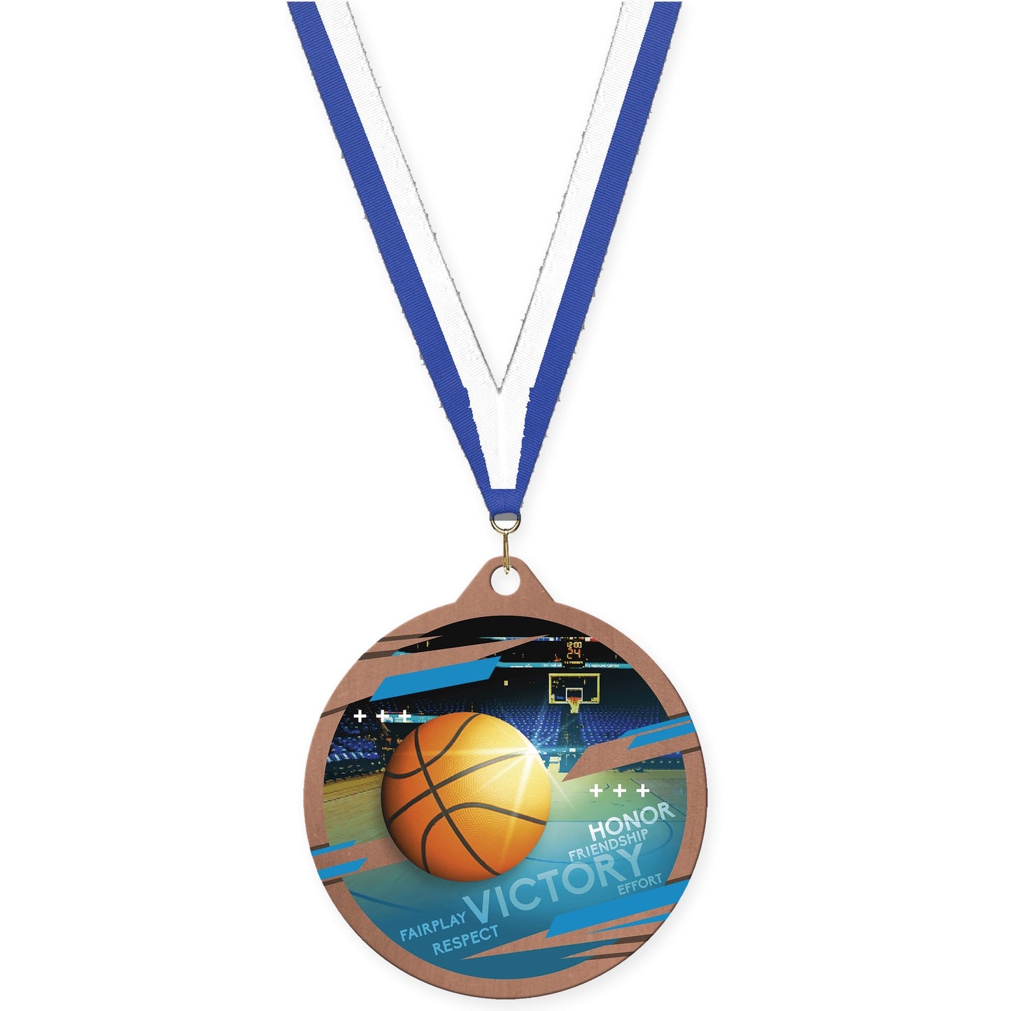 2 3/4 inch basketball Inspire medal in bronze with Blue White neck ribbon