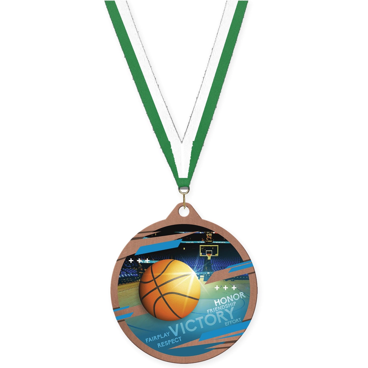 2 3/4 inch basketball Inspire medal in bronze with Green White neck ribbon