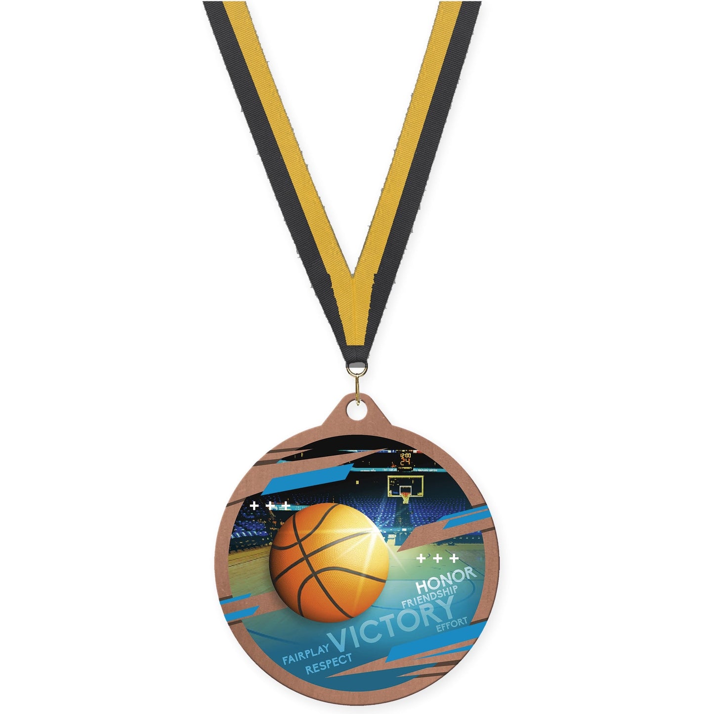 2 3/4 inch basketball Inspire medal in bronze with Black Gold neck ribbon