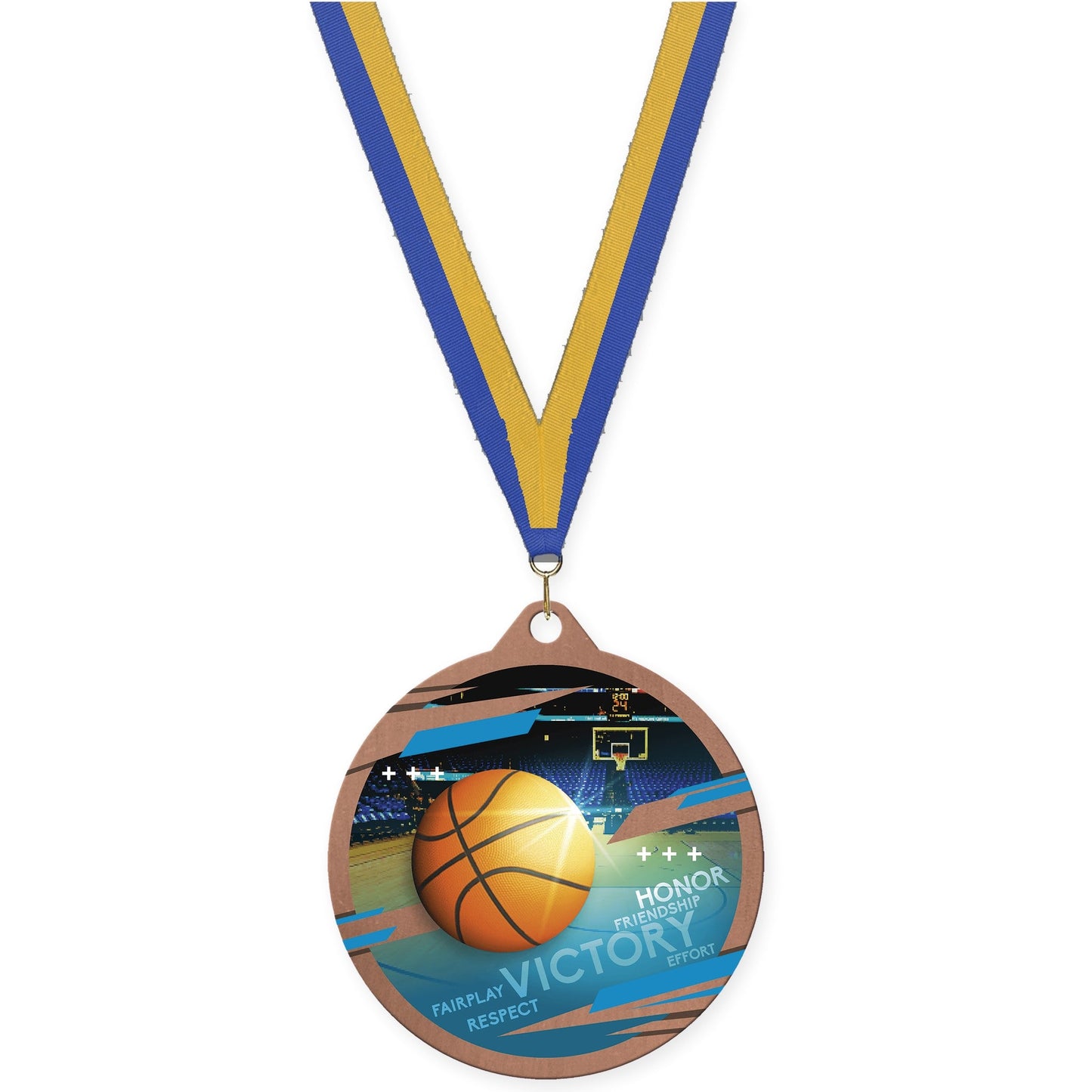2 3/4 inch basketball Inspire medal in bronze with Blue Gold neck ribbon