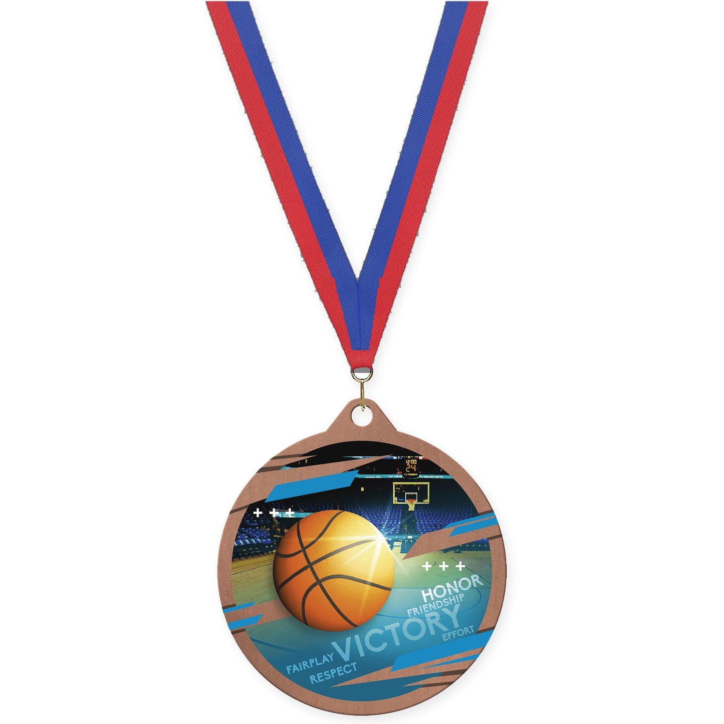 2 3/4 inch basketball Inspire medal in bronze with Blue Red neck ribbon