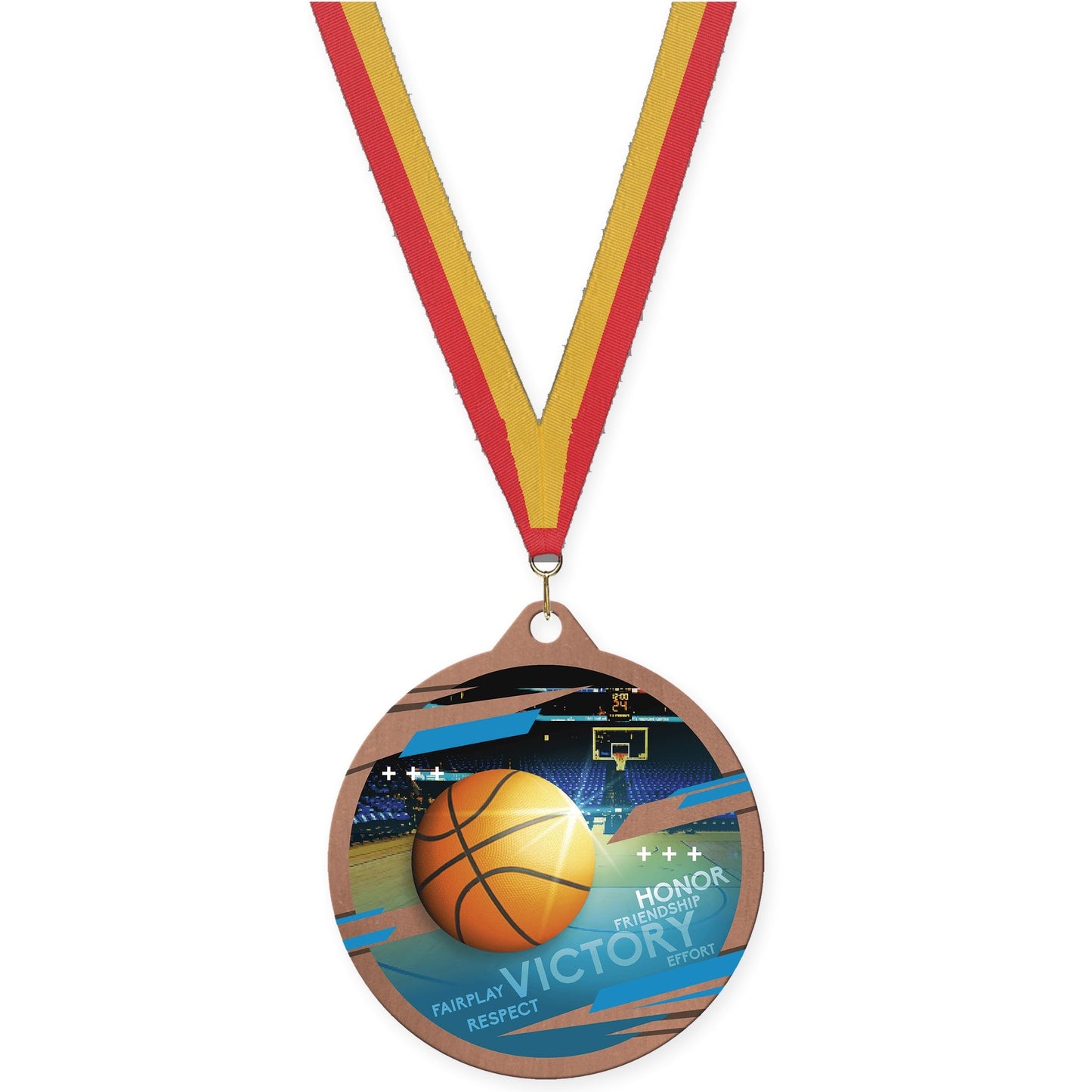 2 3/4 inch basketball Inspire medal in bronze with Red Gold neck ribbon