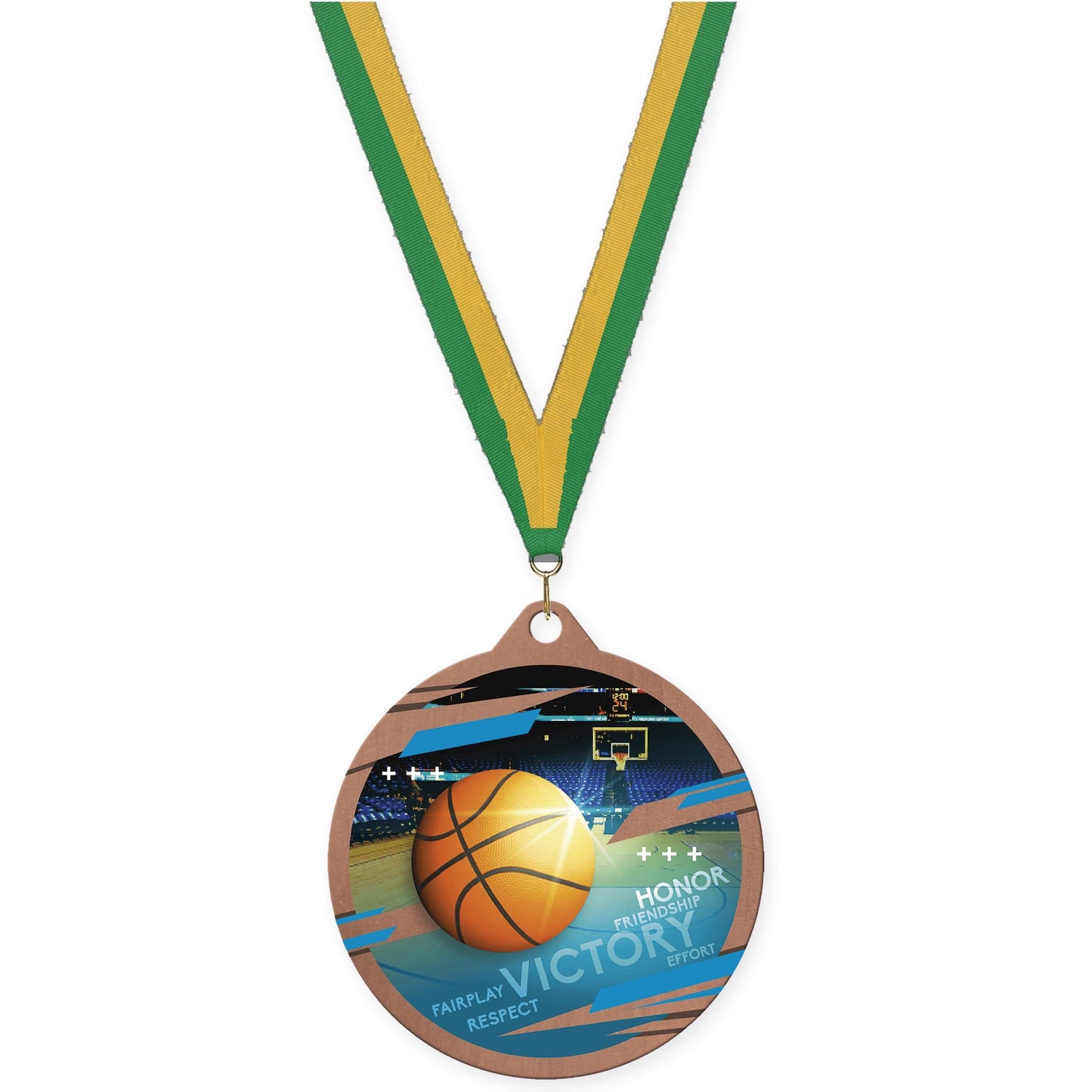 2 3/4 inch basketball Inspire medal in bronze with Green Gold neck ribbon