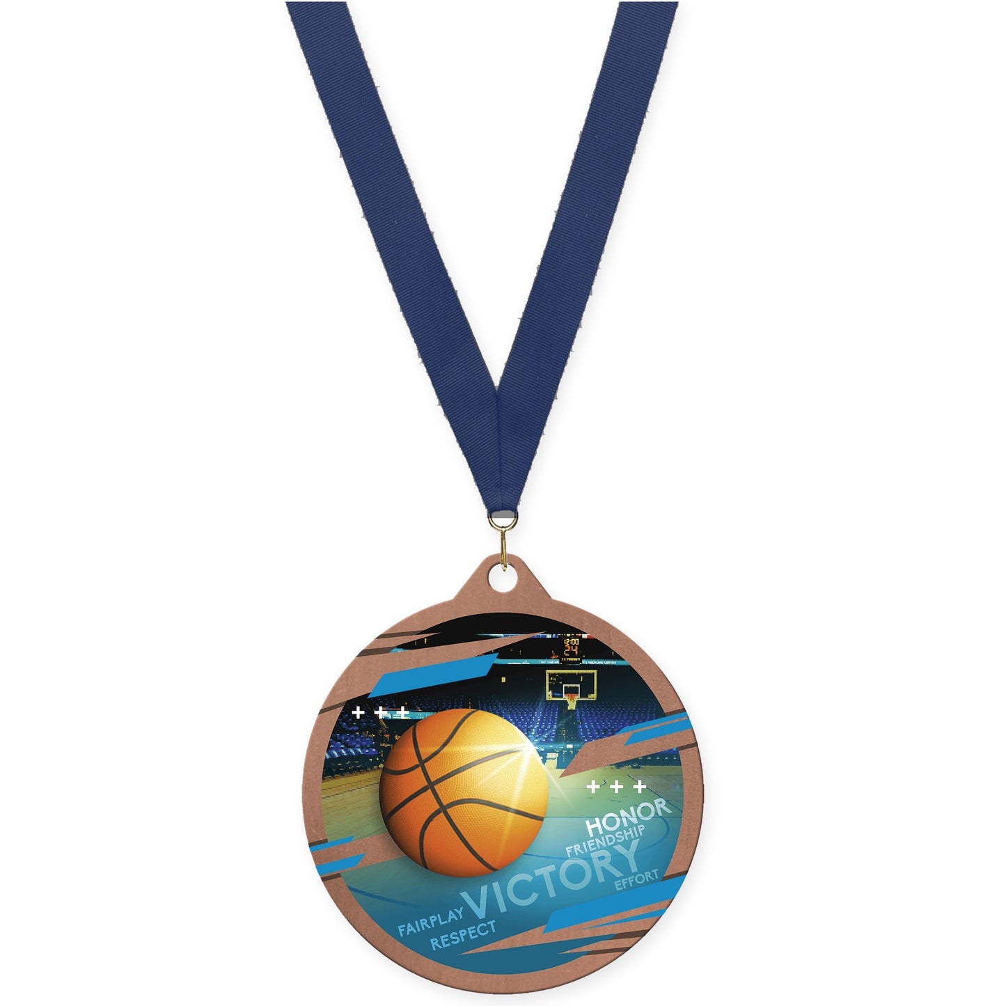 2 3/4 inch basketball Inspire medal in bronze with Navy neck ribbon