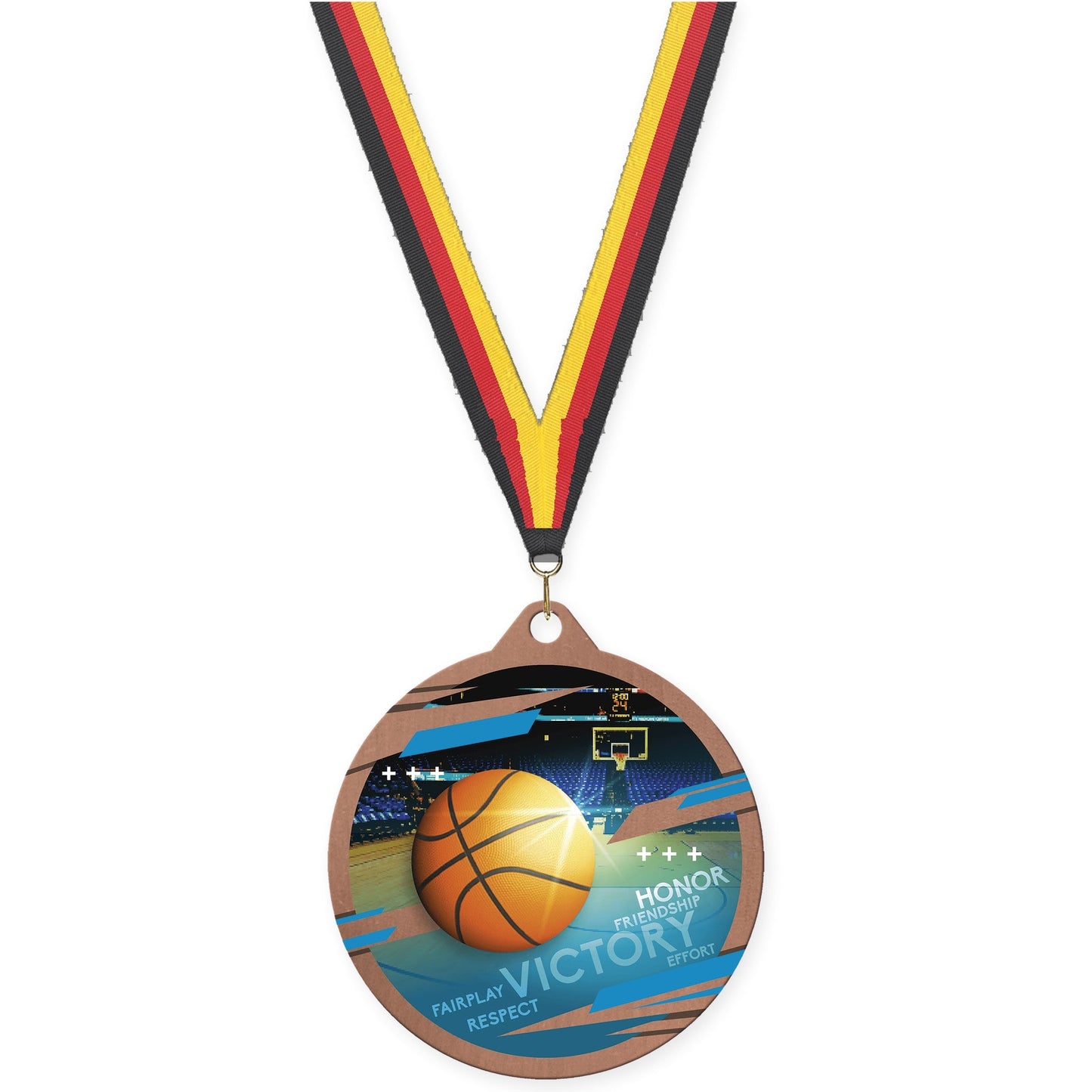 2 3/4 inch basketball Inspire medal in bronze with Black Red Yellow neck ribbon