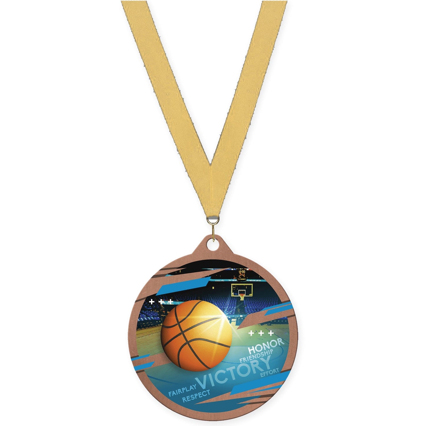 2 3/4 inch basketball Inspire medal in bronze with Gold Metallic neck ribbon