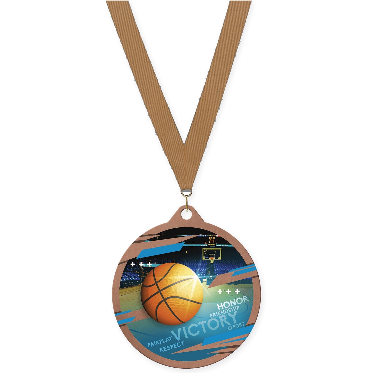 2 3/4 inch basketball Inspire medal in bronze with Bronze Metallic neck ribbon