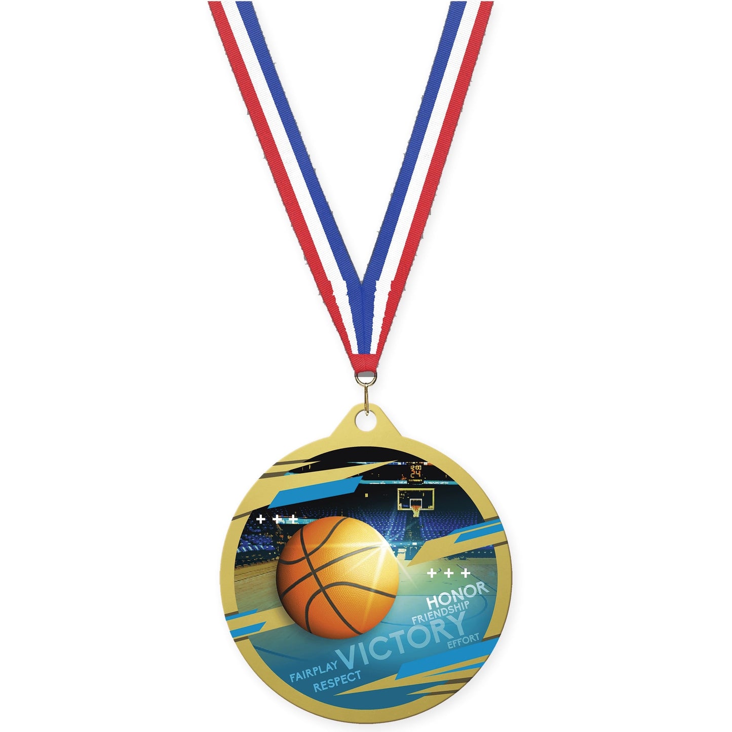 2 3/4 inch basketball Inspire medal in gold with Red White Blue neck ribbon