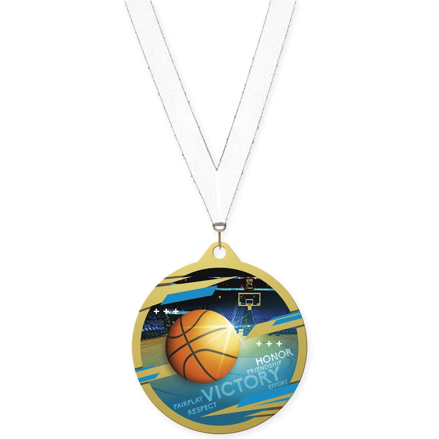 2 3/4 inch basketball Inspire medal in gold with White neck ribbon