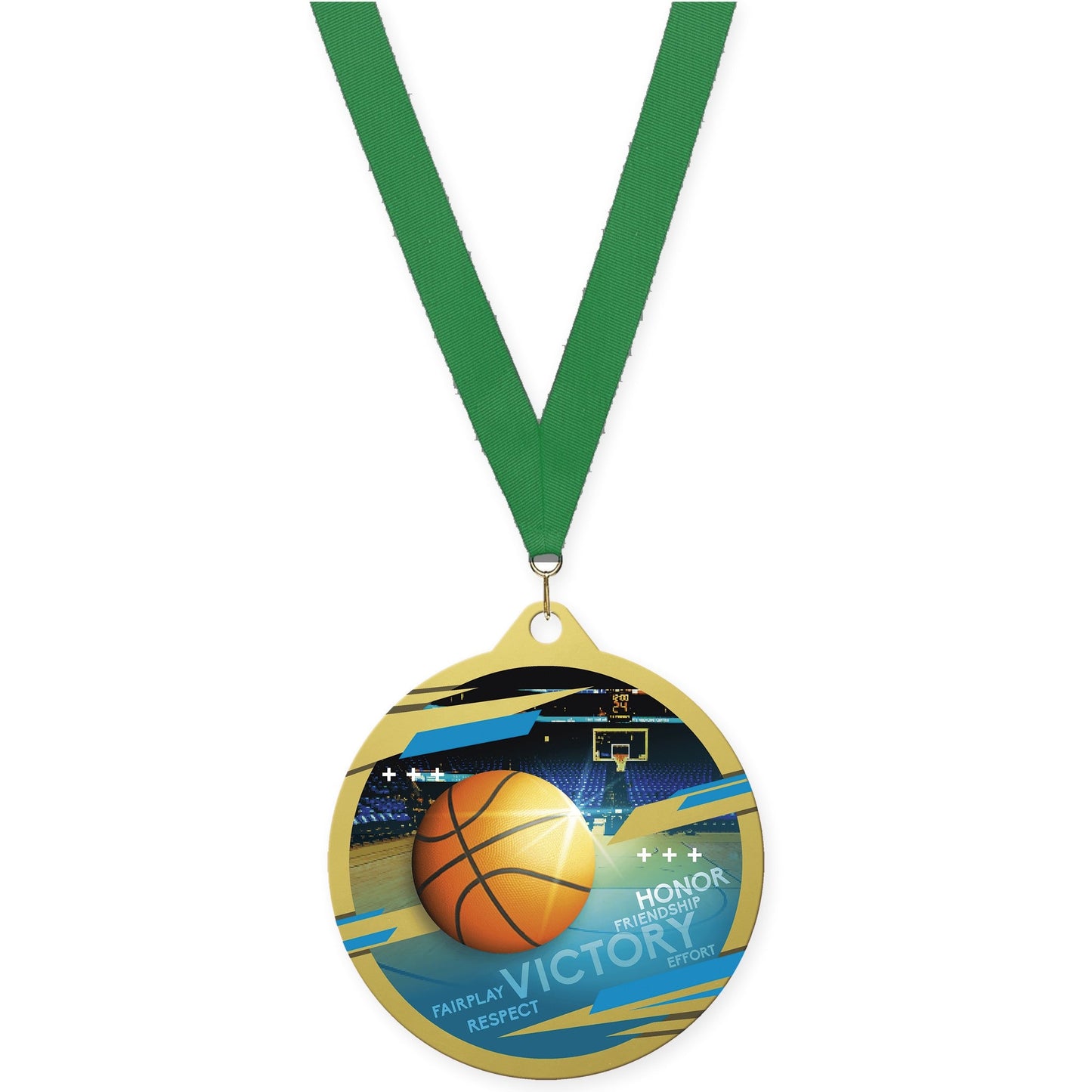 2 3/4 inch basketball Inspire medal in gold with Green neck ribbon
