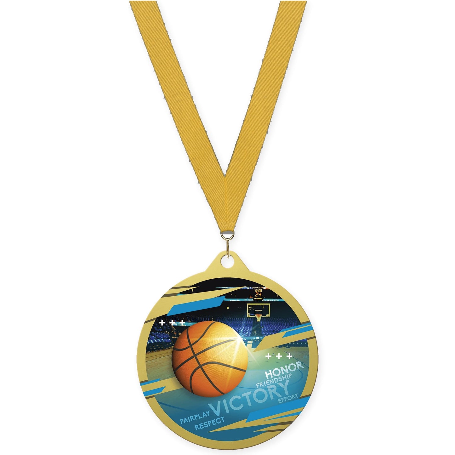 2 3/4 inch basketball Inspire medal in gold with Gold neck ribbon