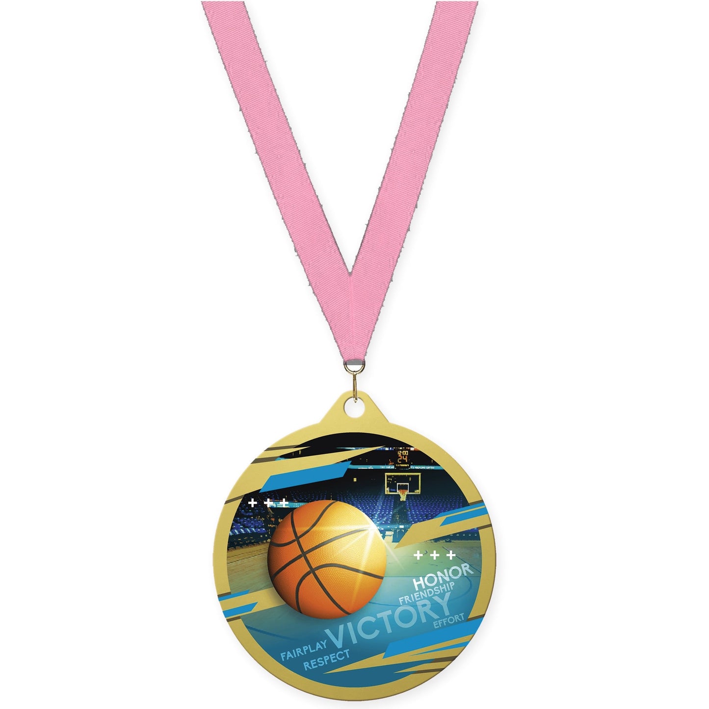 2 3/4 inch basketball Inspire medal in gold with Pink neck ribbon
