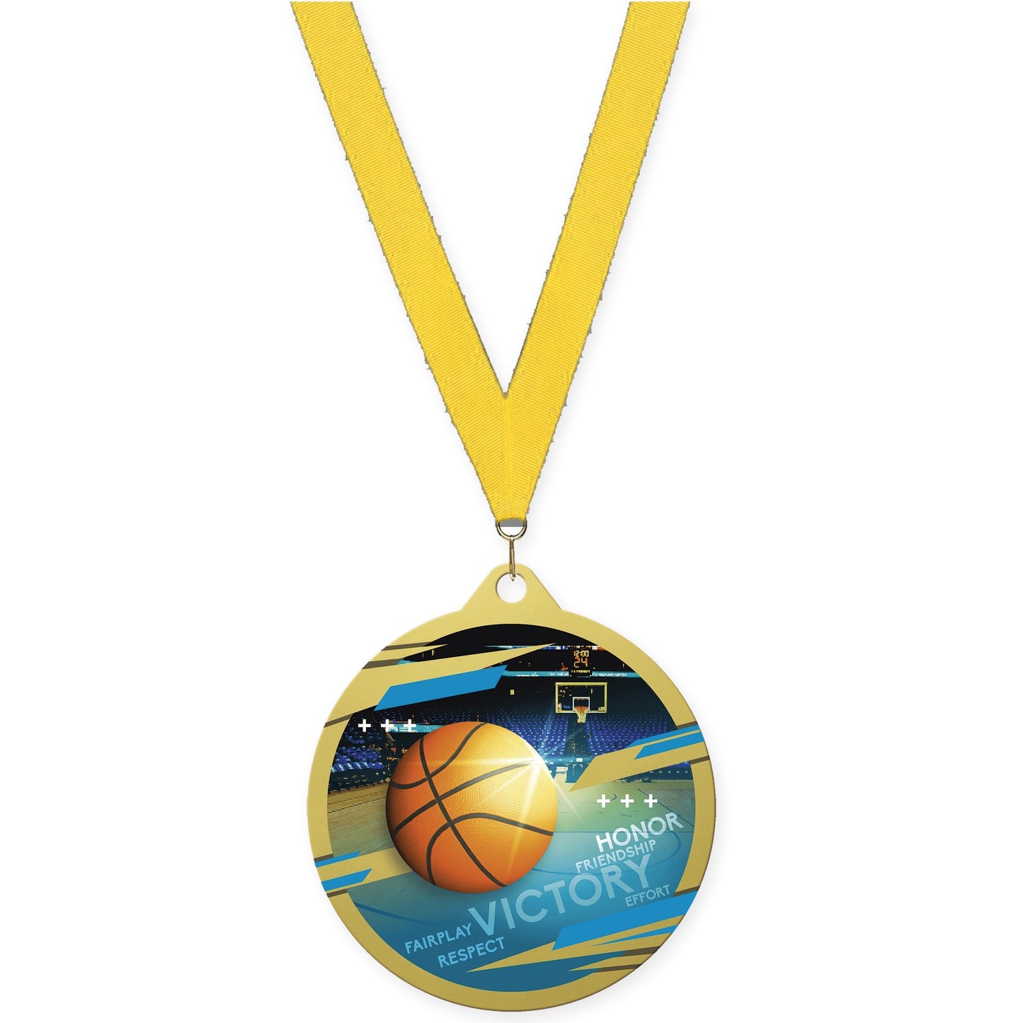 2 3/4 inch basketball Inspire medal in gold with Yellow neck ribbon