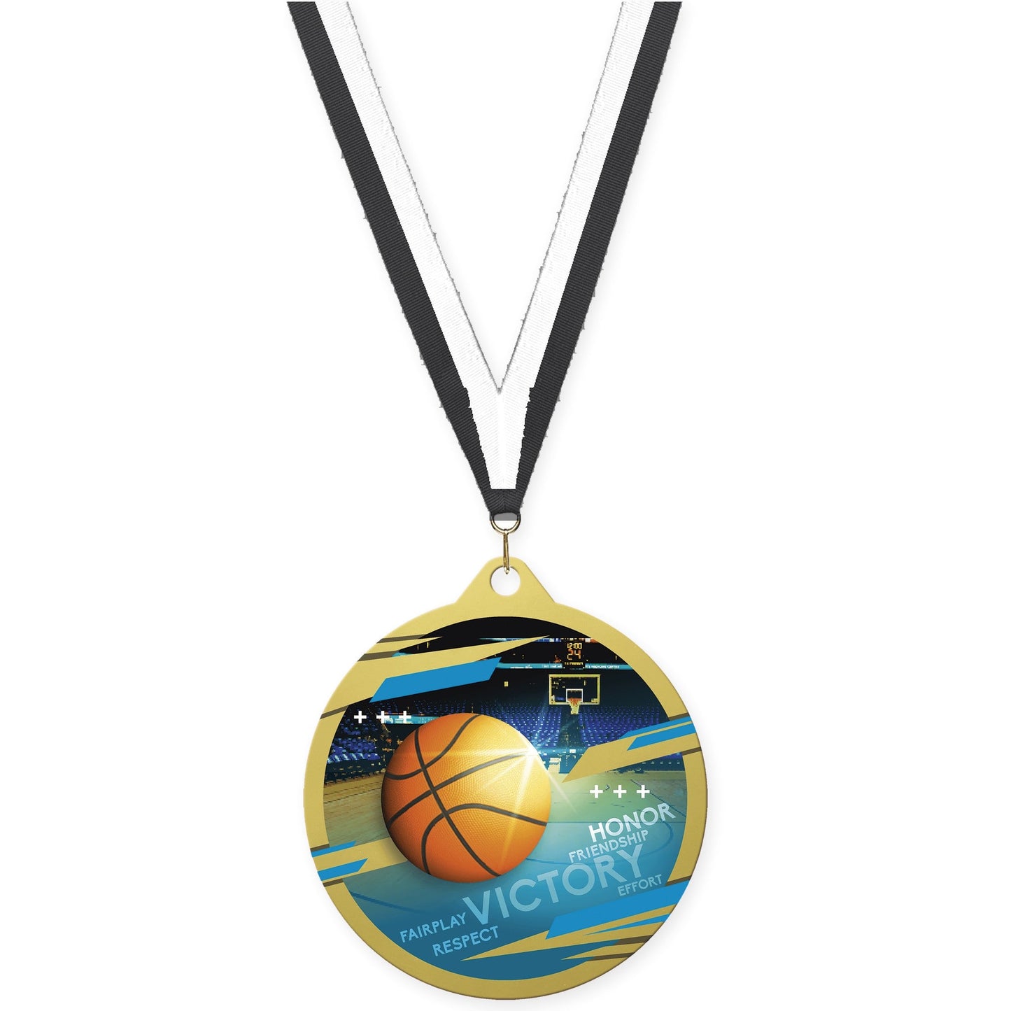 2 3/4 inch basketball Inspire medal in gold with Black White neck ribbon