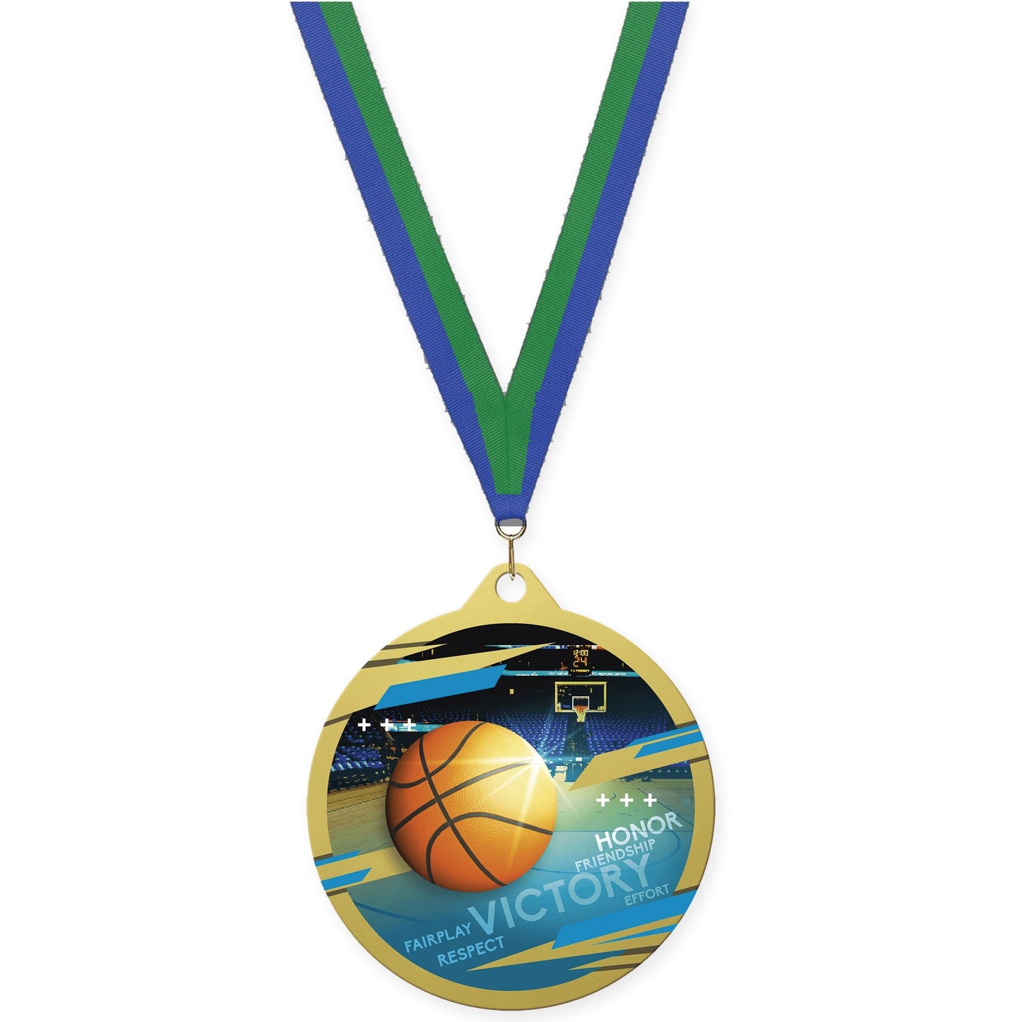 2 3/4 inch basketball Inspire medal in gold with Blue Green neck ribbon