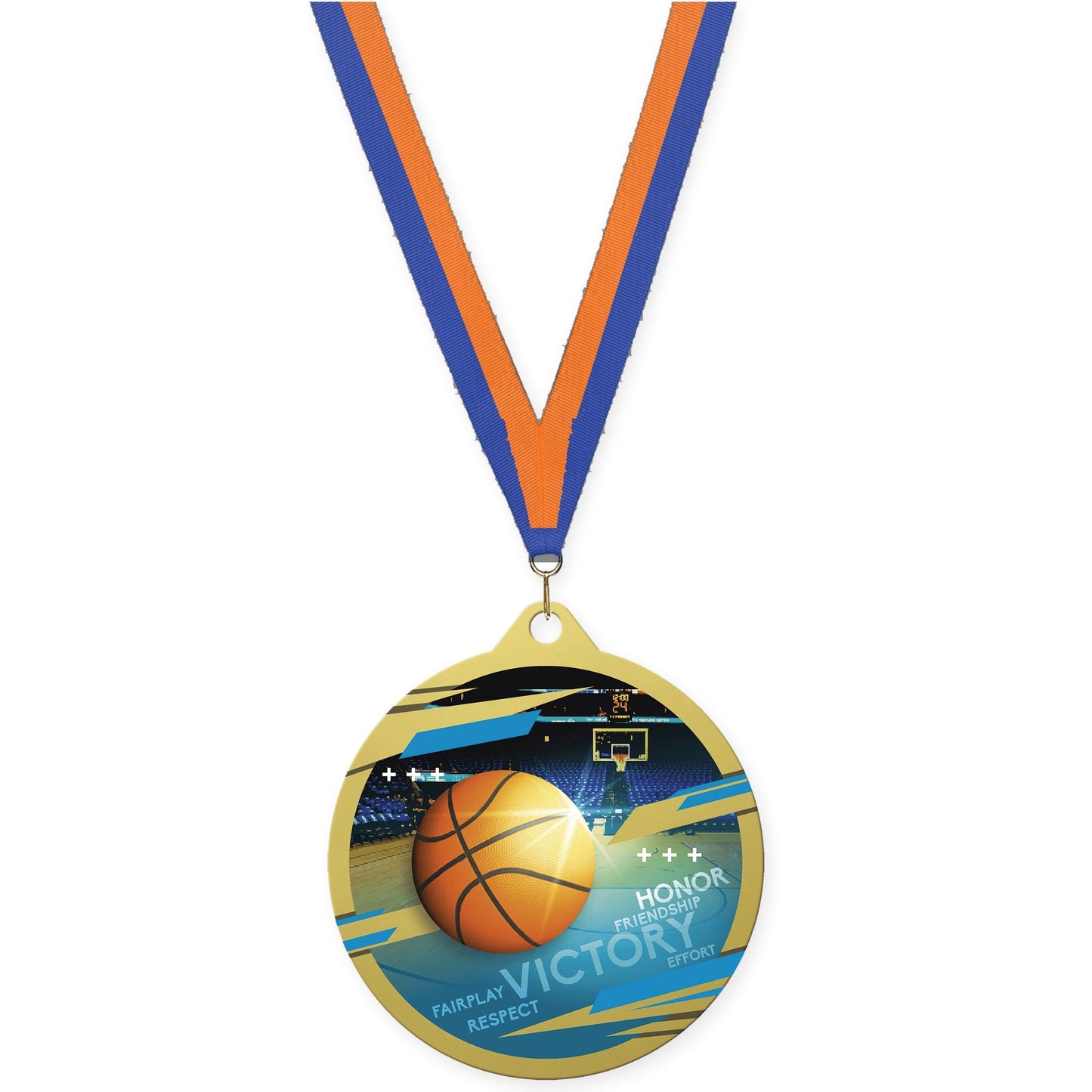 2 3/4 inch basketball Inspire medal in gold with Blue Orange neck ribbon