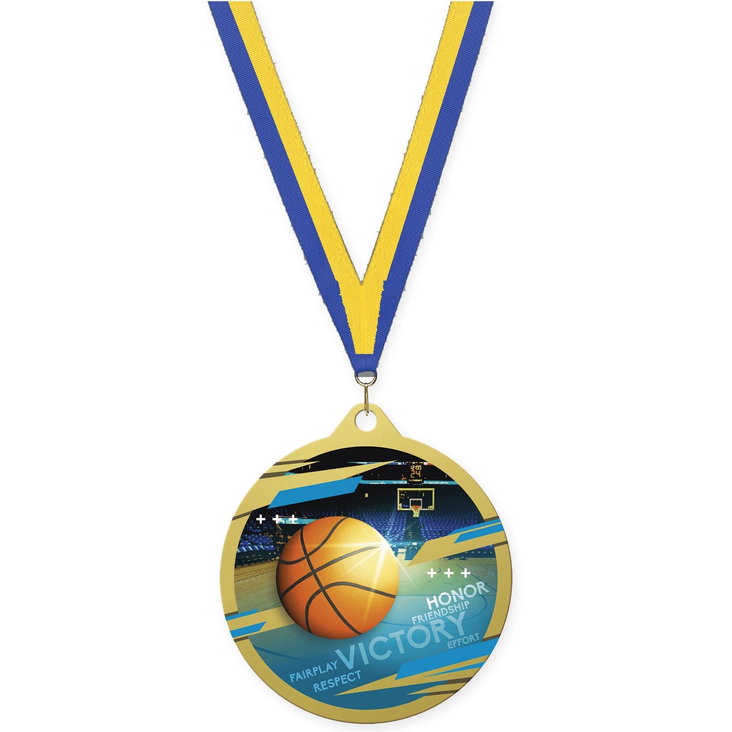 2 3/4 inch basketball Inspire medal in gold with Blue Yellow neck ribbon