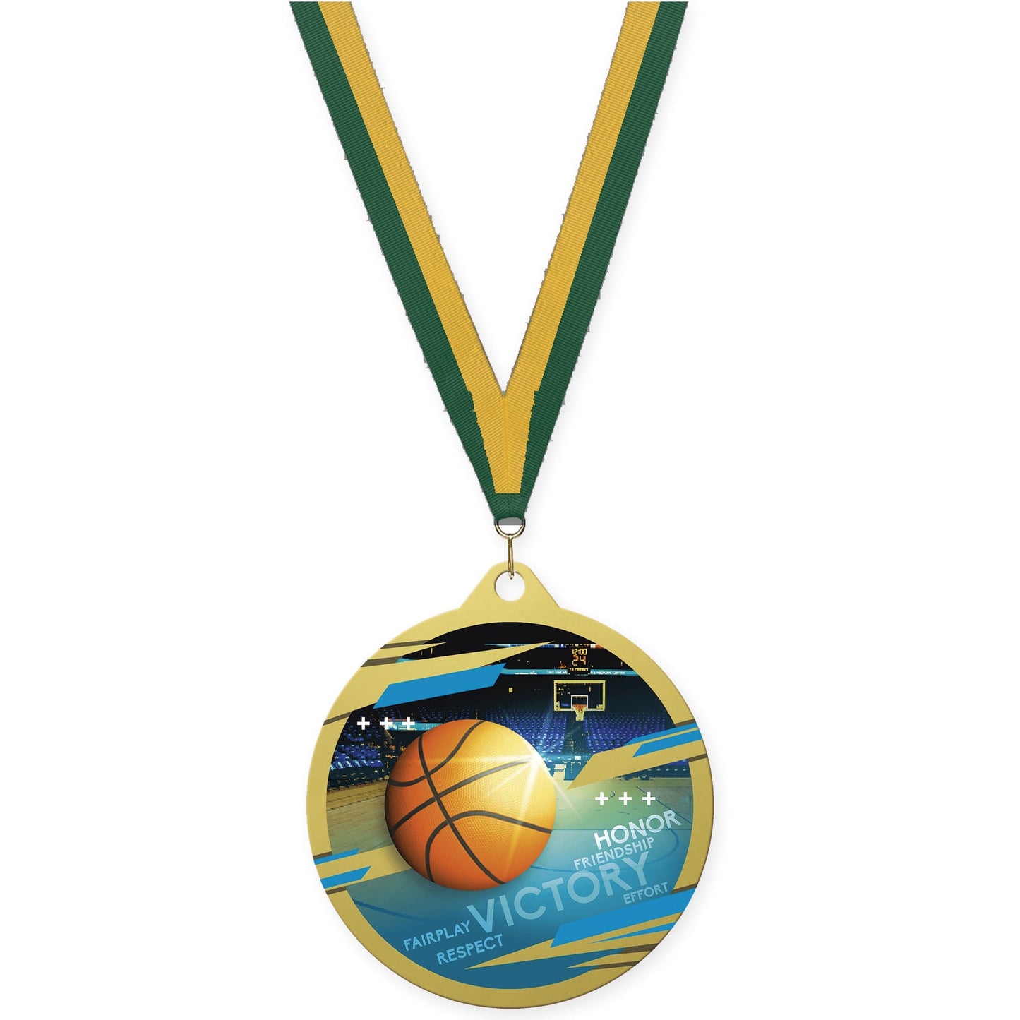2 3/4 inch basketball Inspire medal in gold with Hunter Green Gold neck ribbon