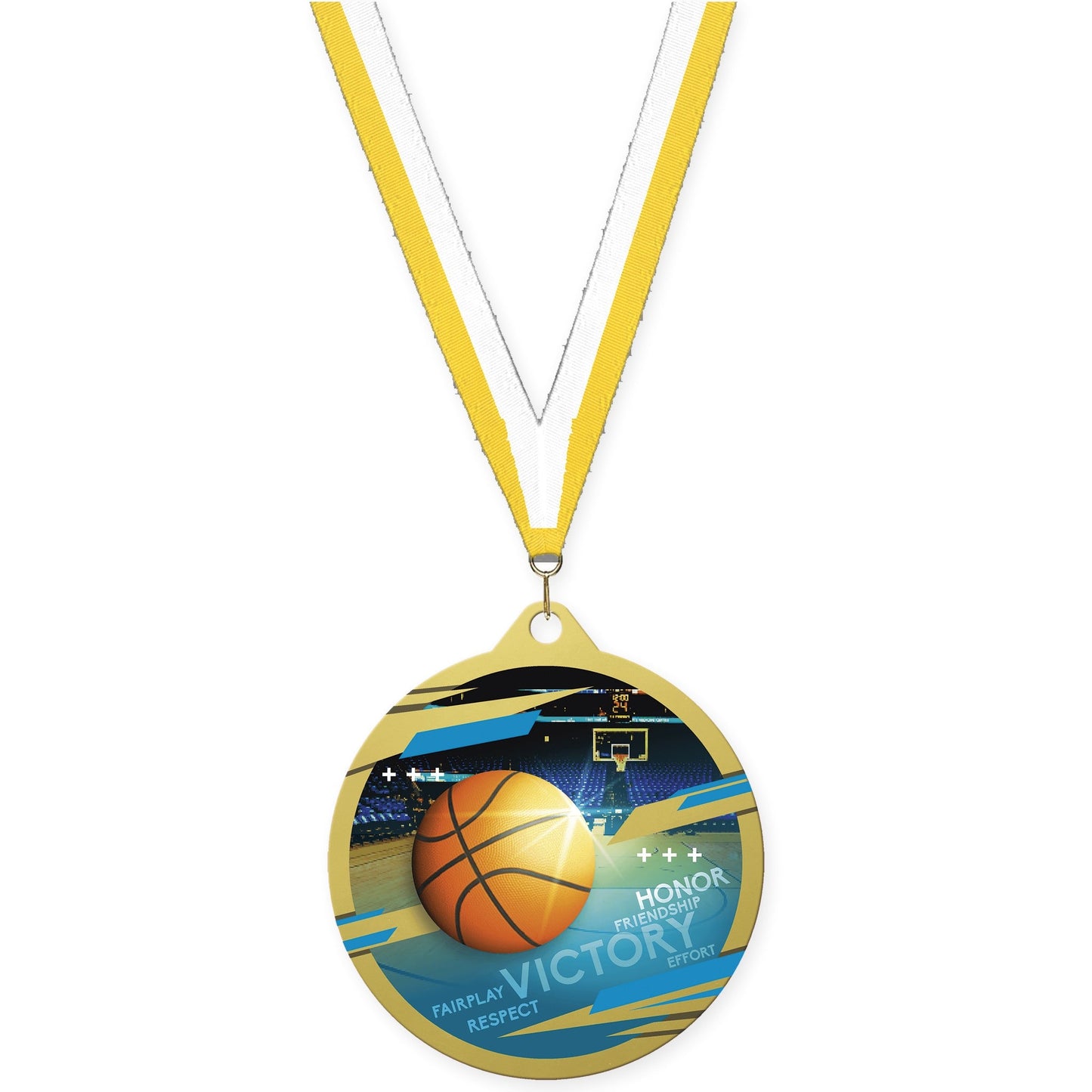 2 3/4 inch basketball Inspire medal in gold with Yellow White neck ribbon