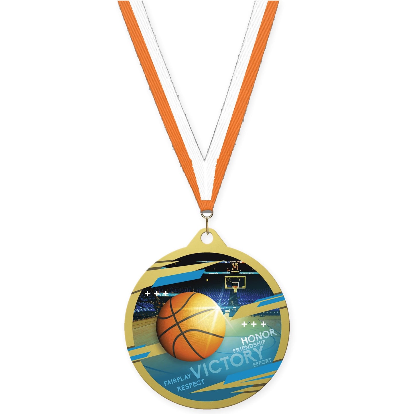 2 3/4 inch basketball Inspire medal in gold with Orange White neck ribbon