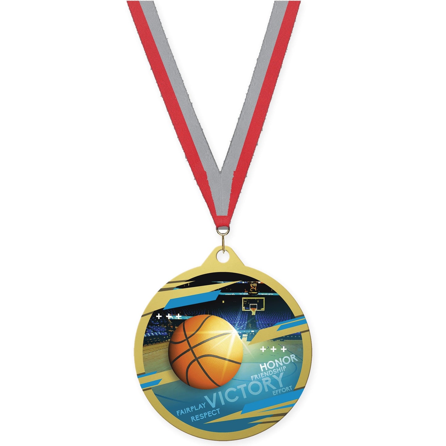 2 3/4 inch basketball Inspire medal in gold with Red Gray neck ribbon