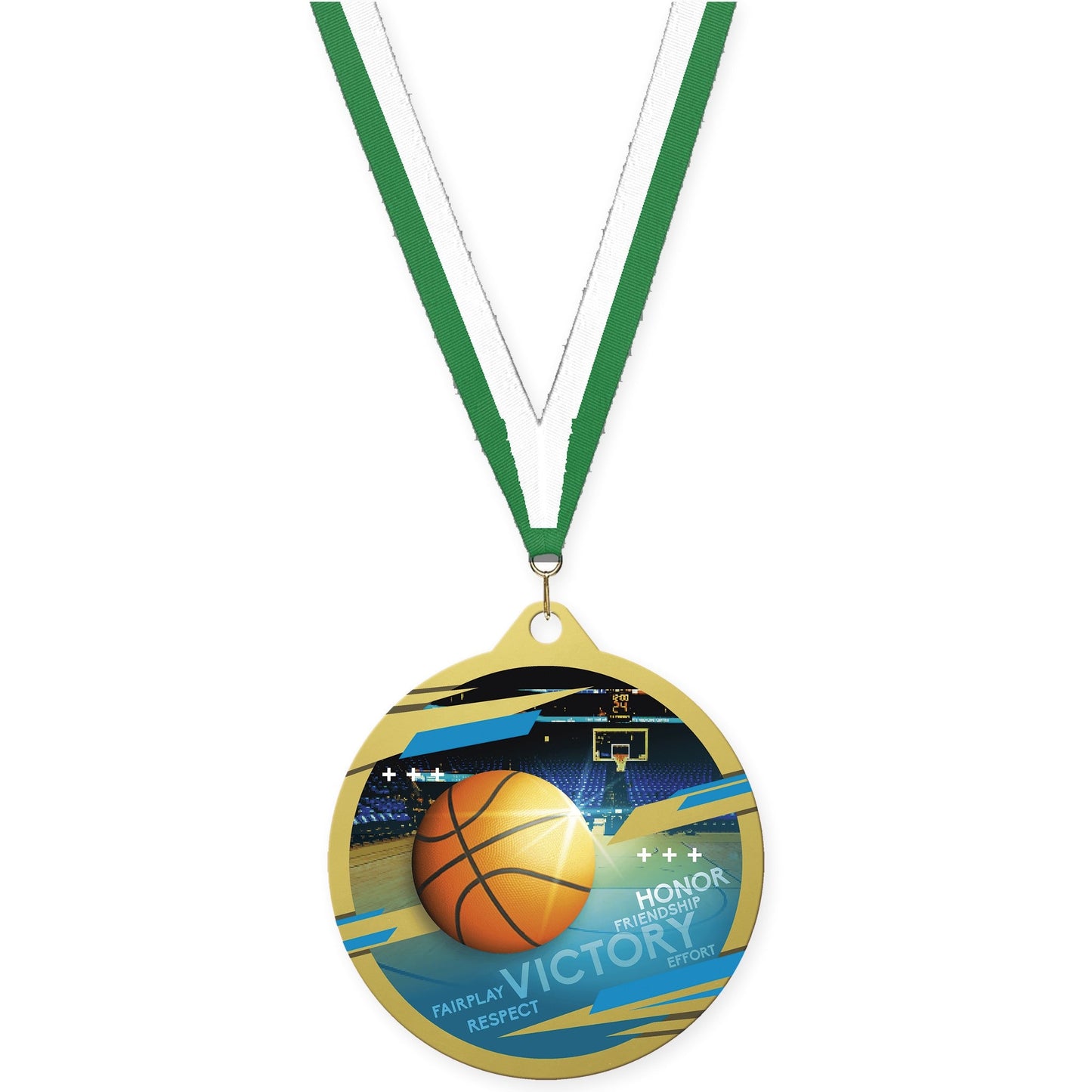 2 3/4 inch basketball Inspire medal in gold with Green White neck ribbon