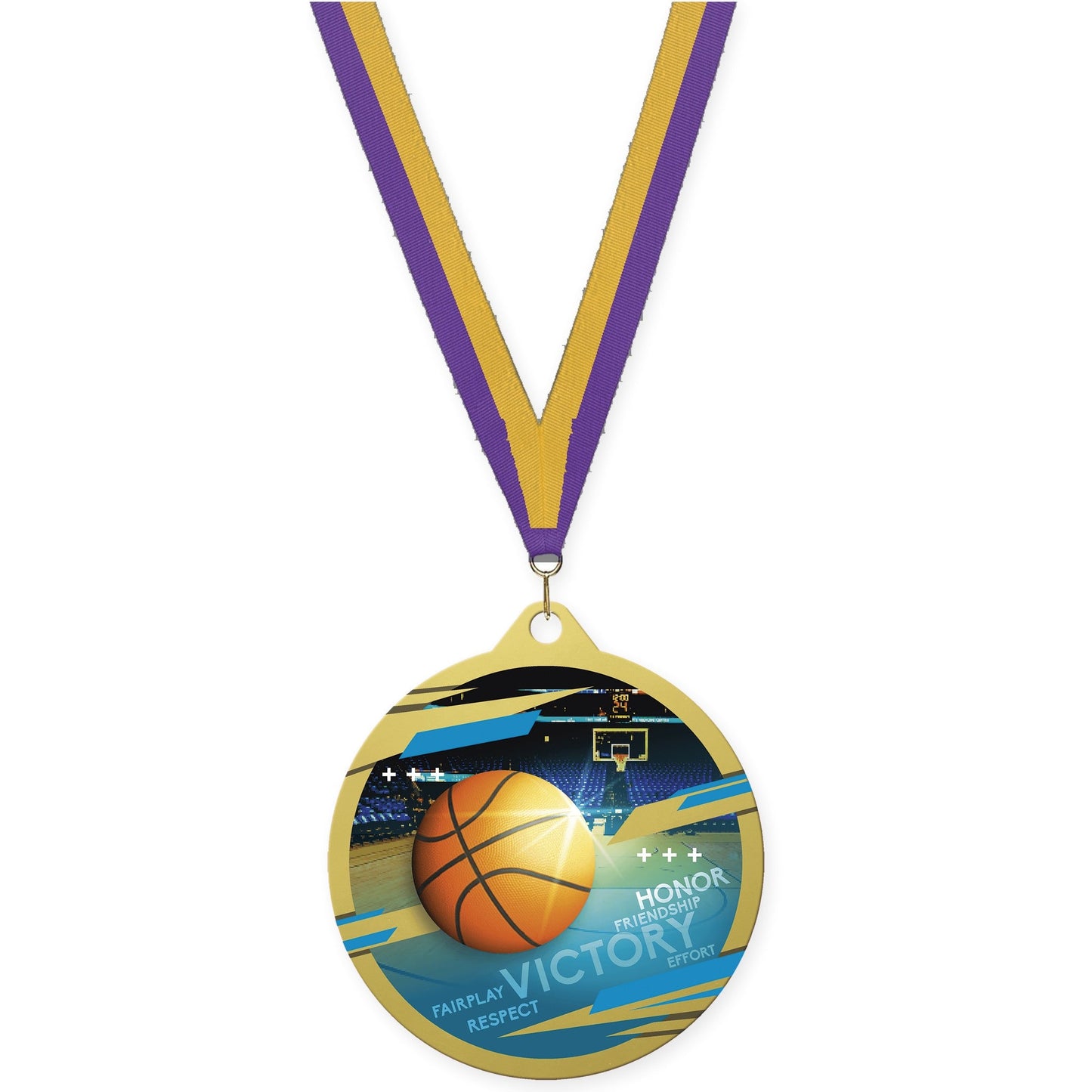 2 3/4 inch basketball Inspire medal in gold with Purple Gold neck ribbon