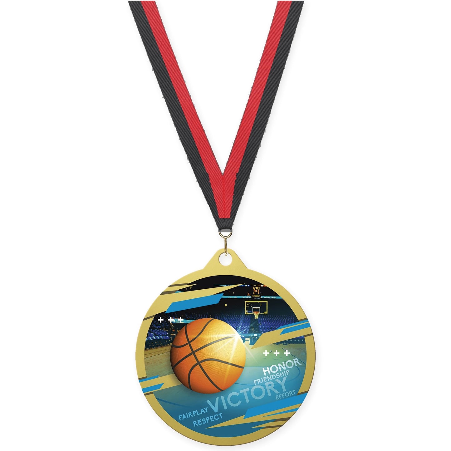 2 3/4 inch basketball Inspire medal in gold with Black Red neck ribbon