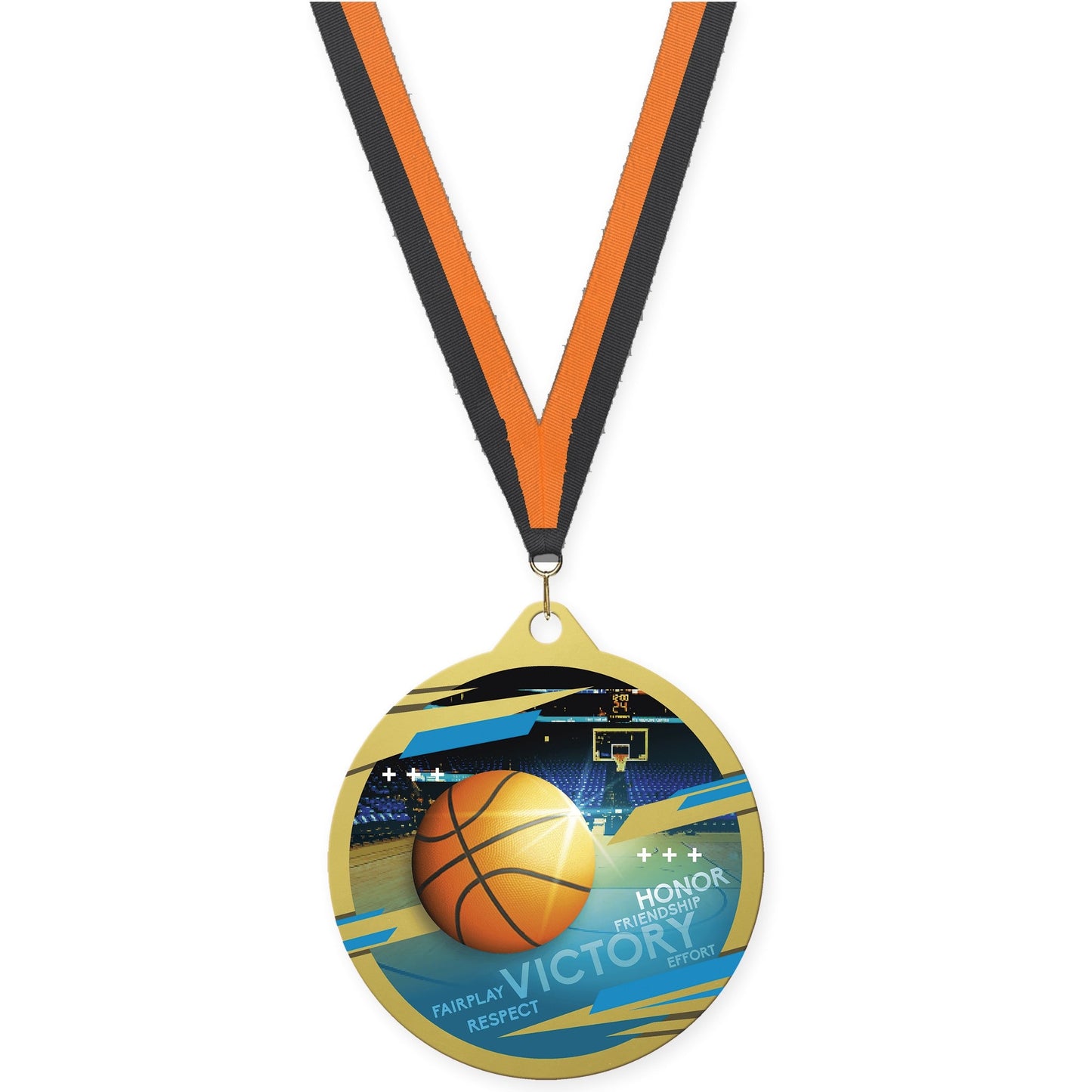 2 3/4 inch basketball Inspire medal in gold with Black Orange neck ribbon