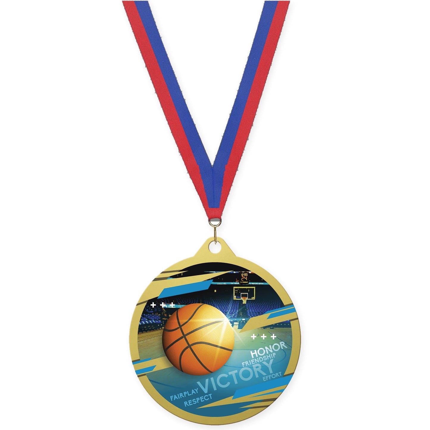 2 3/4 inch basketball Inspire medal in gold with Blue Red neck ribbon