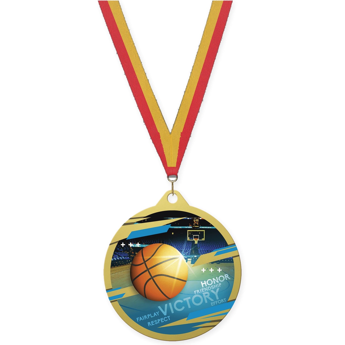 2 3/4 inch basketball Inspire medal in gold with Red Gold neck ribbon