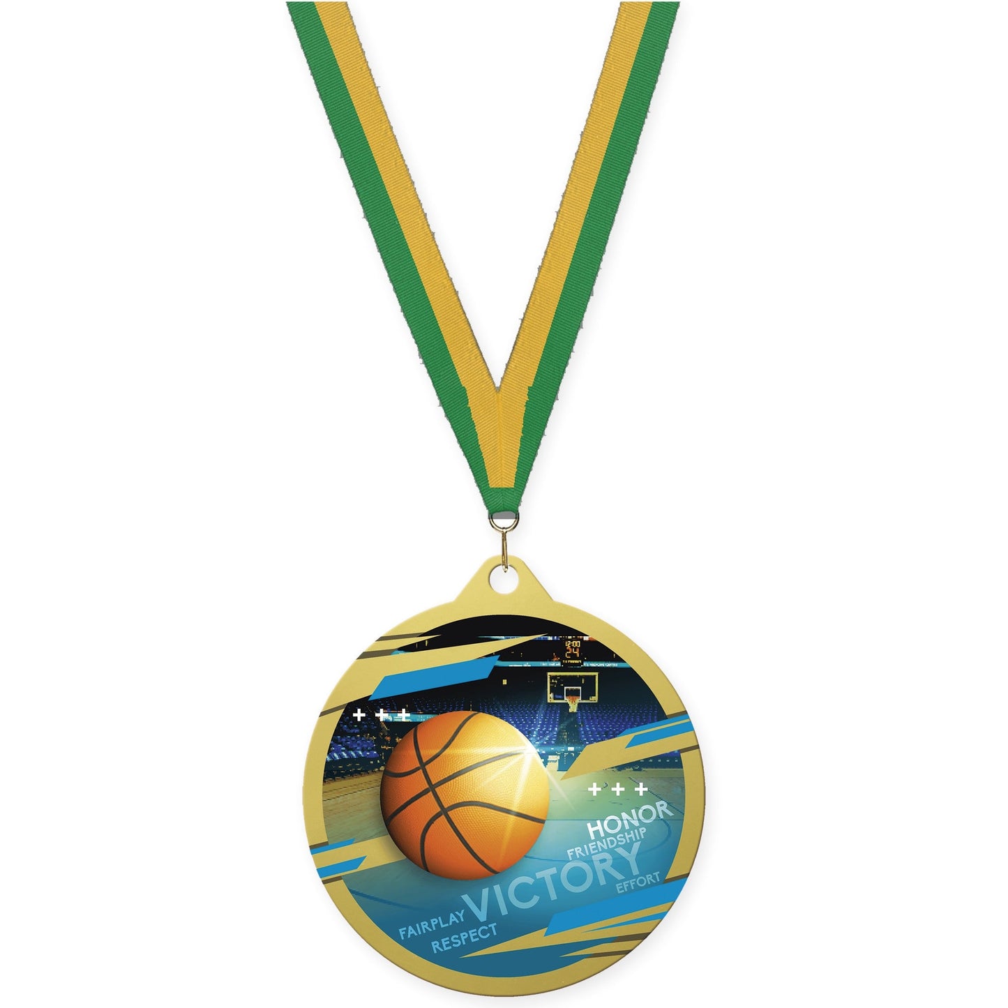 2 3/4 inch basketball Inspire medal in gold with Green Gold neck ribbon
