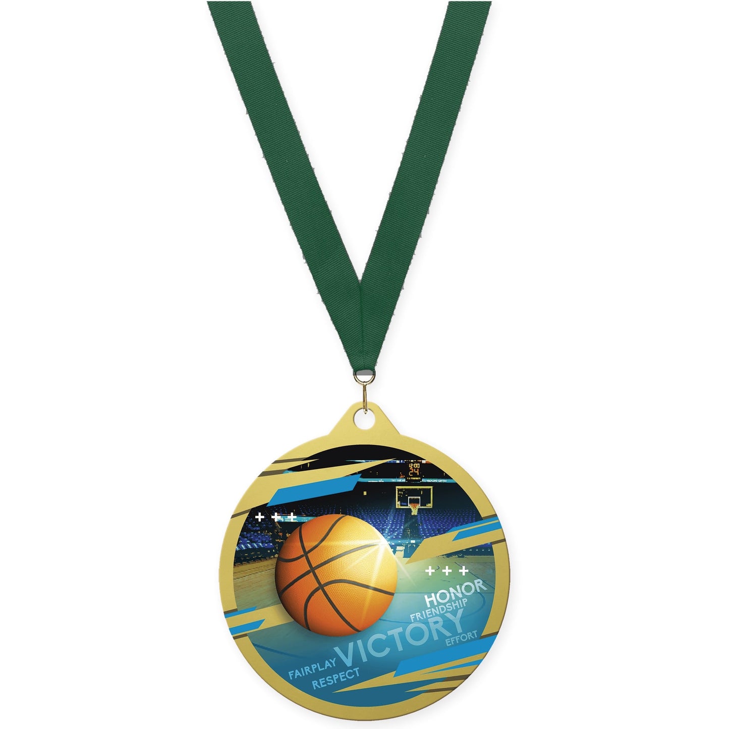 2 3/4 inch basketball Inspire medal in gold with Hunter Green neck ribbon