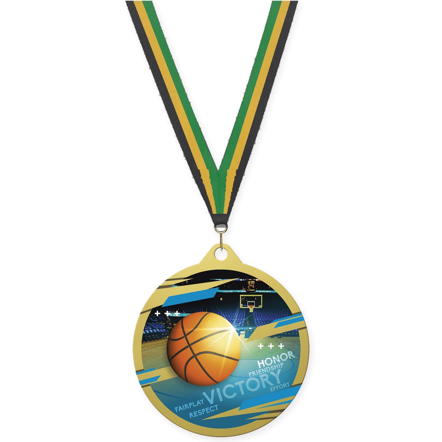 2 3/4 inch basketball Inspire medal in gold with Black Gold Green neck ribbon