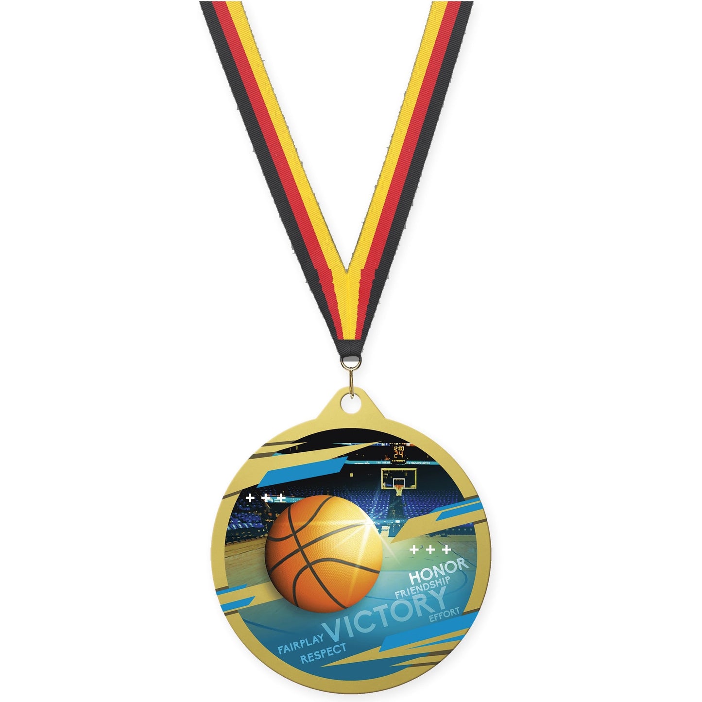 2 3/4 inch basketball Inspire medal in gold with Black Red Yellow neck ribbon