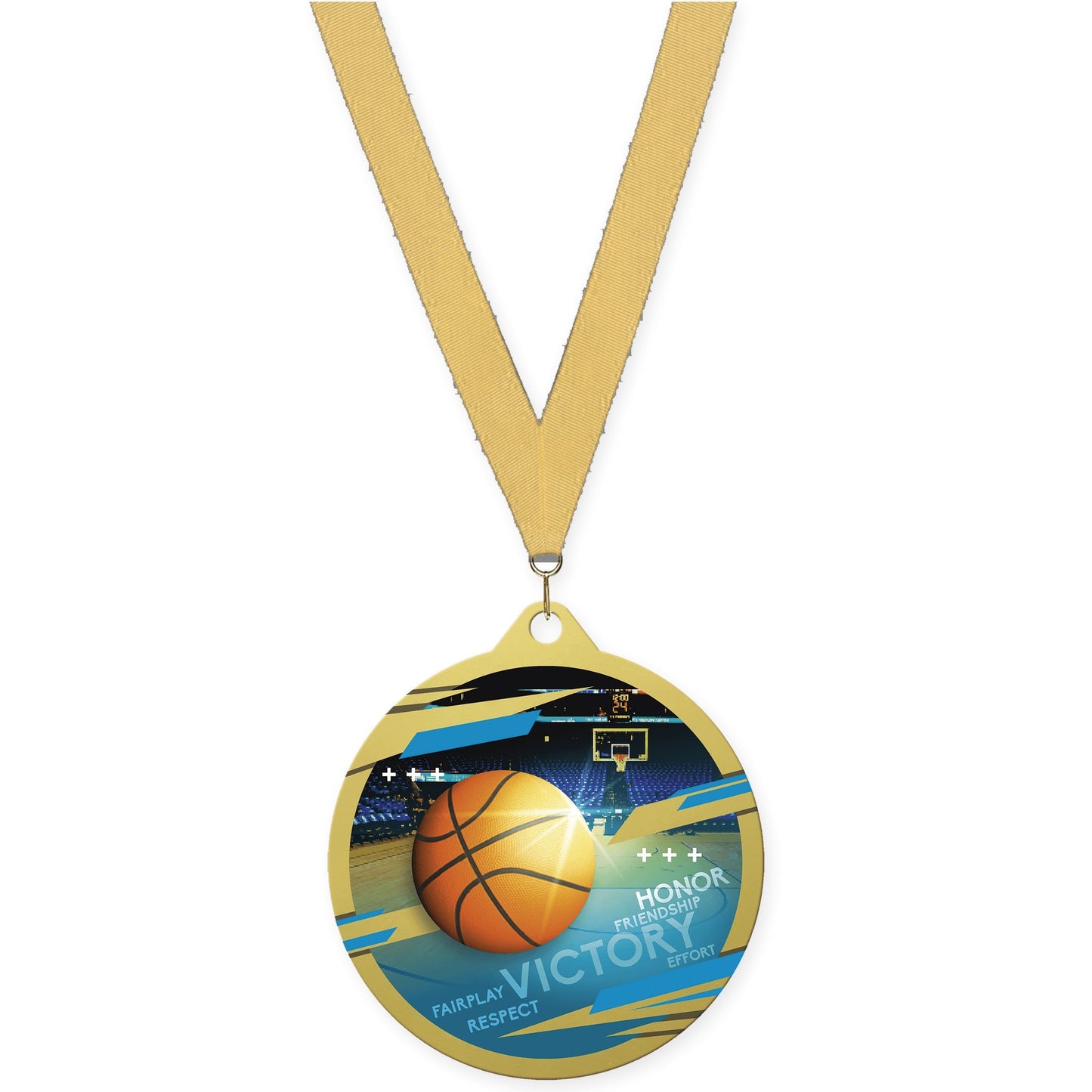 2 3/4 inch basketball Inspire medal in gold with Gold Metallic neck ribbon