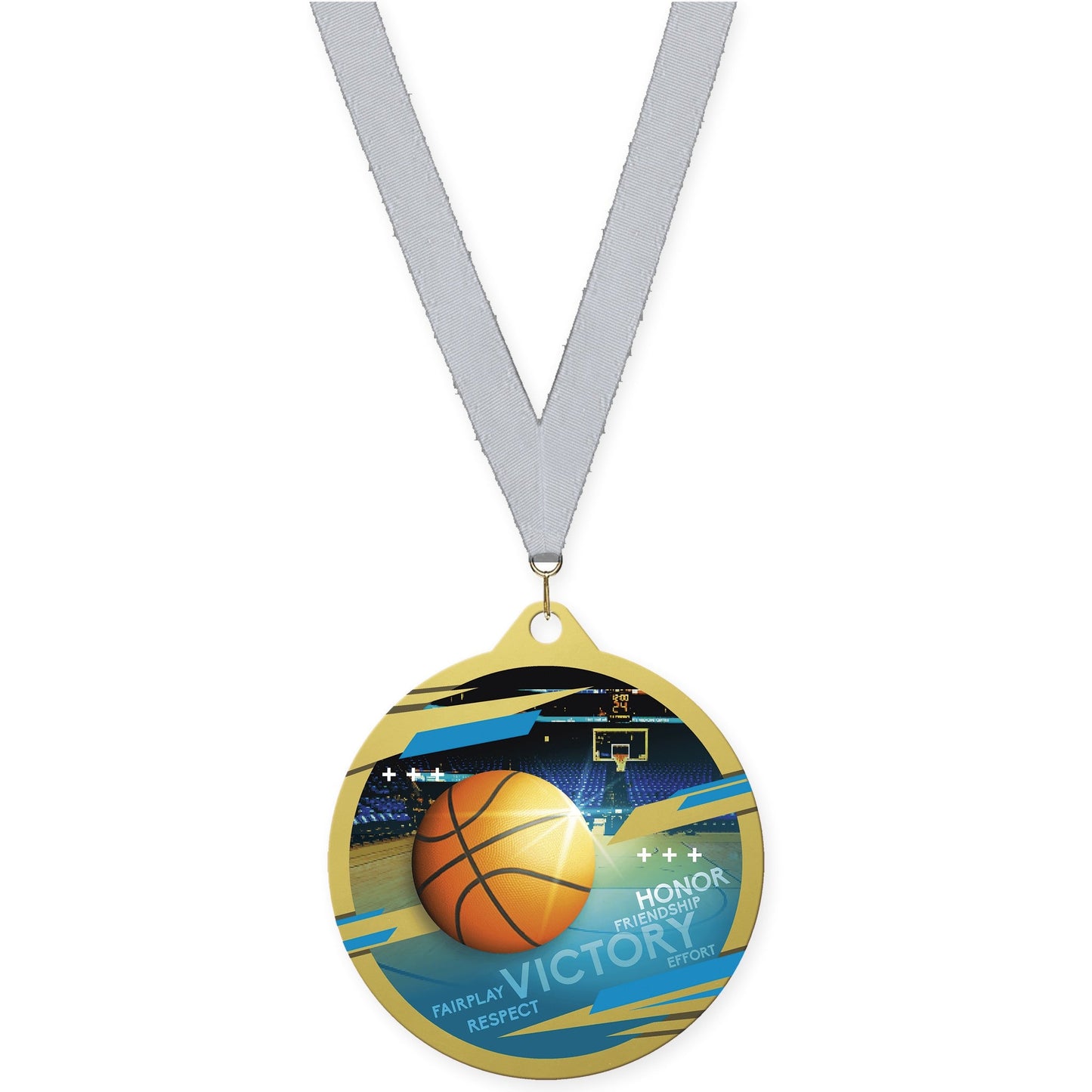 2 3/4 inch basketball Inspire medal in gold with Silver Metallic neck ribbon