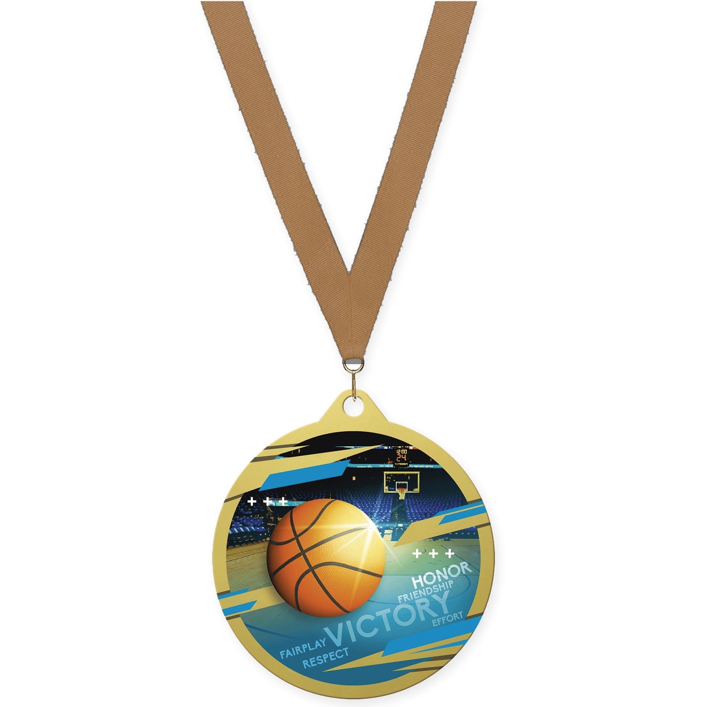 2 3/4 inch basketball Inspire medal in gold with Bronze Metallic neck ribbon