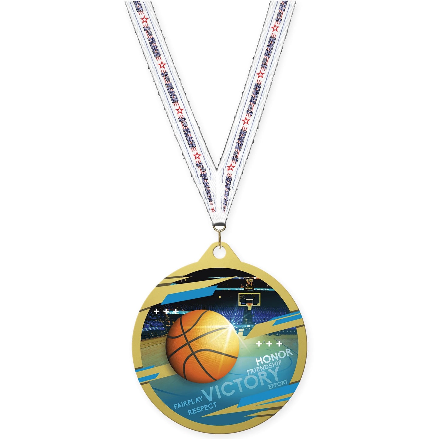 2 3/4 inch basketball Inspire medal in gold with 2nd Place neck ribbon