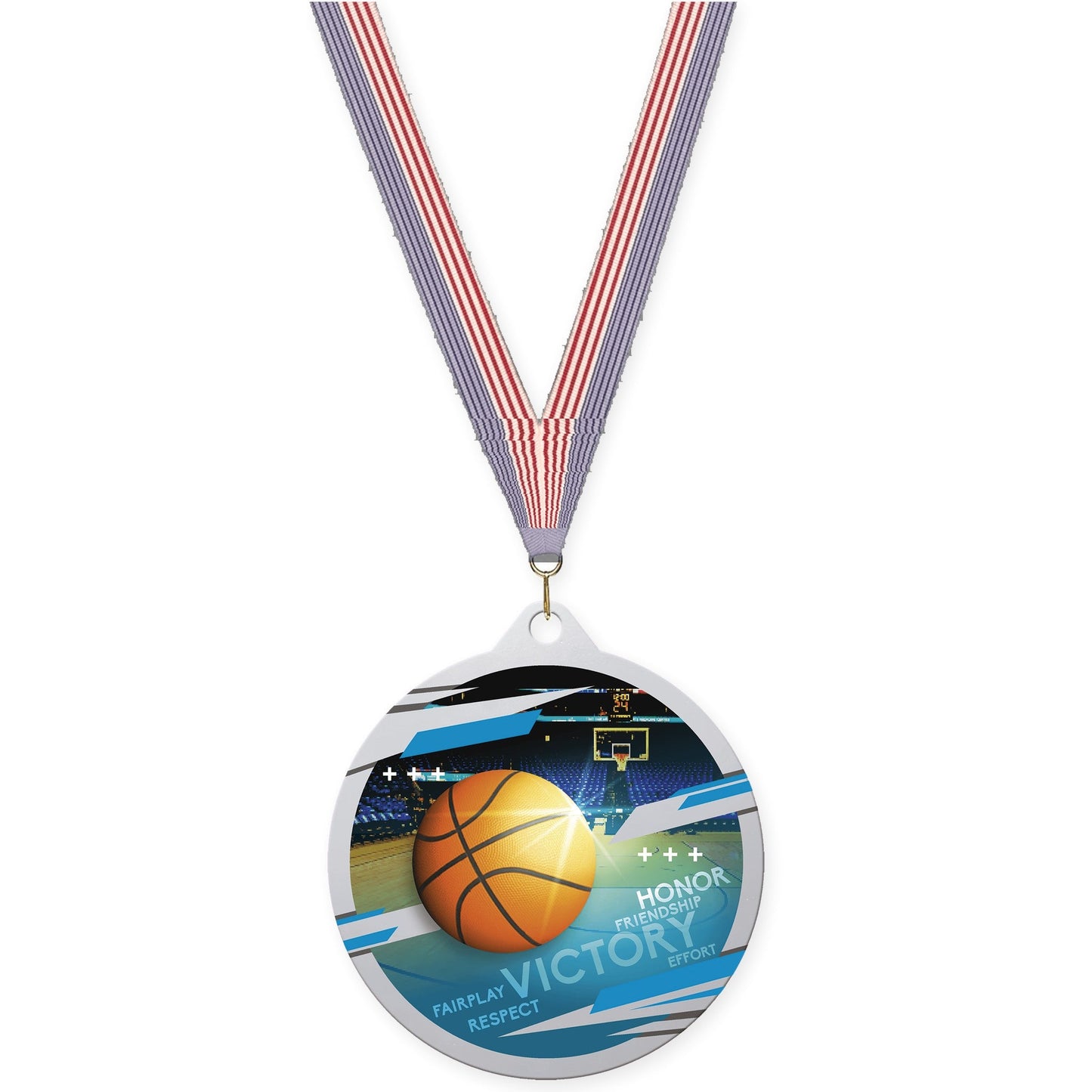 2 3/4 inch basketball Inspire medal in silver with USA Flag neck ribbon