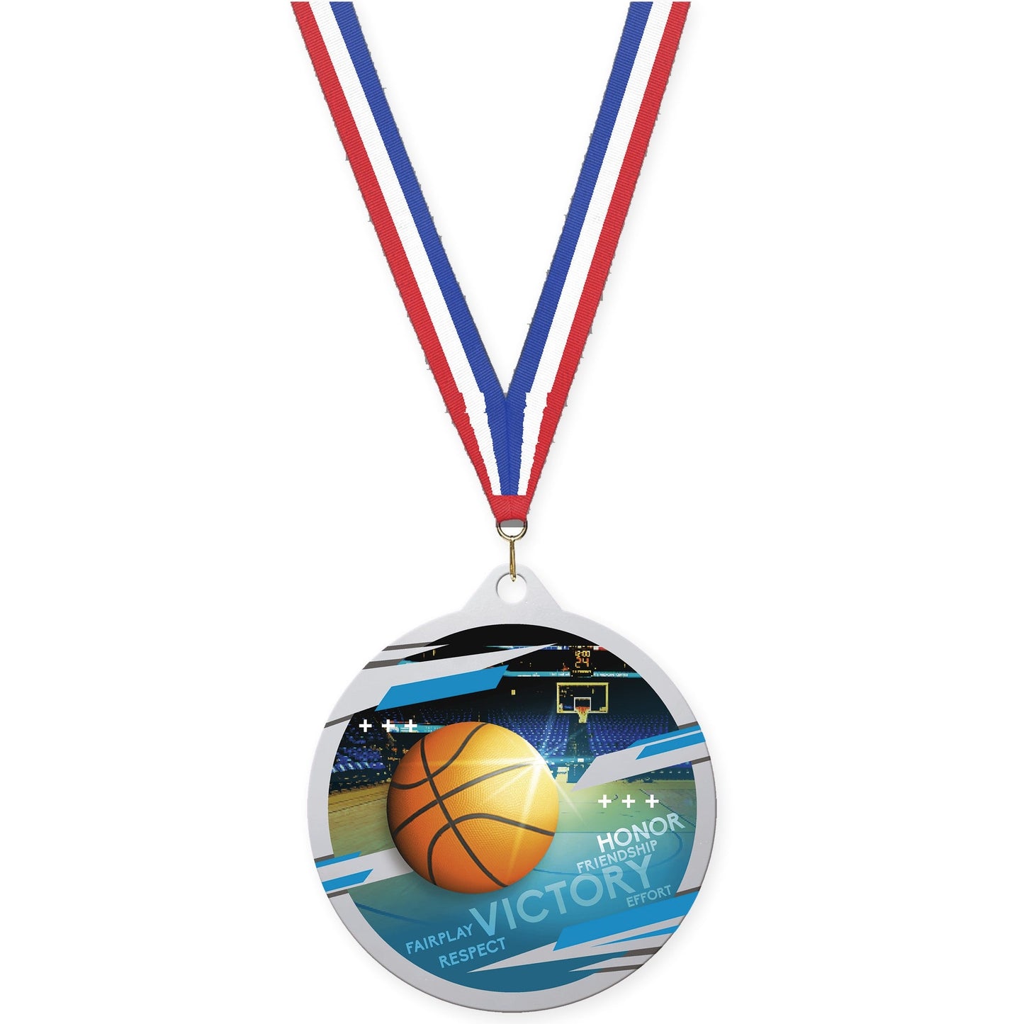 2 3/4 inch basketball Inspire medal in silver with Red White Blue neck ribbon